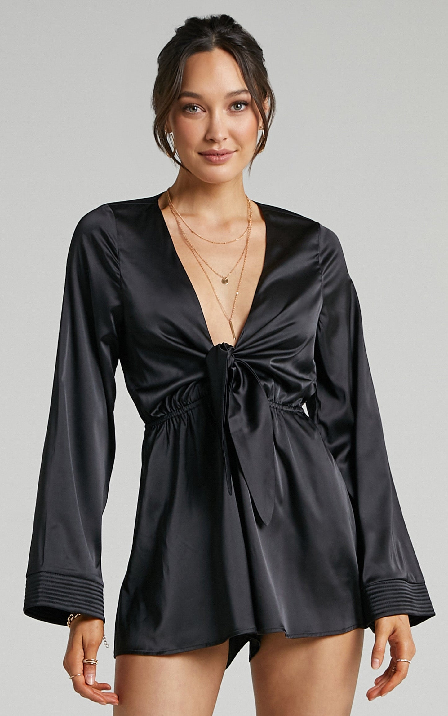 Torah Tie Front Satin Playsuit in Black Satin
