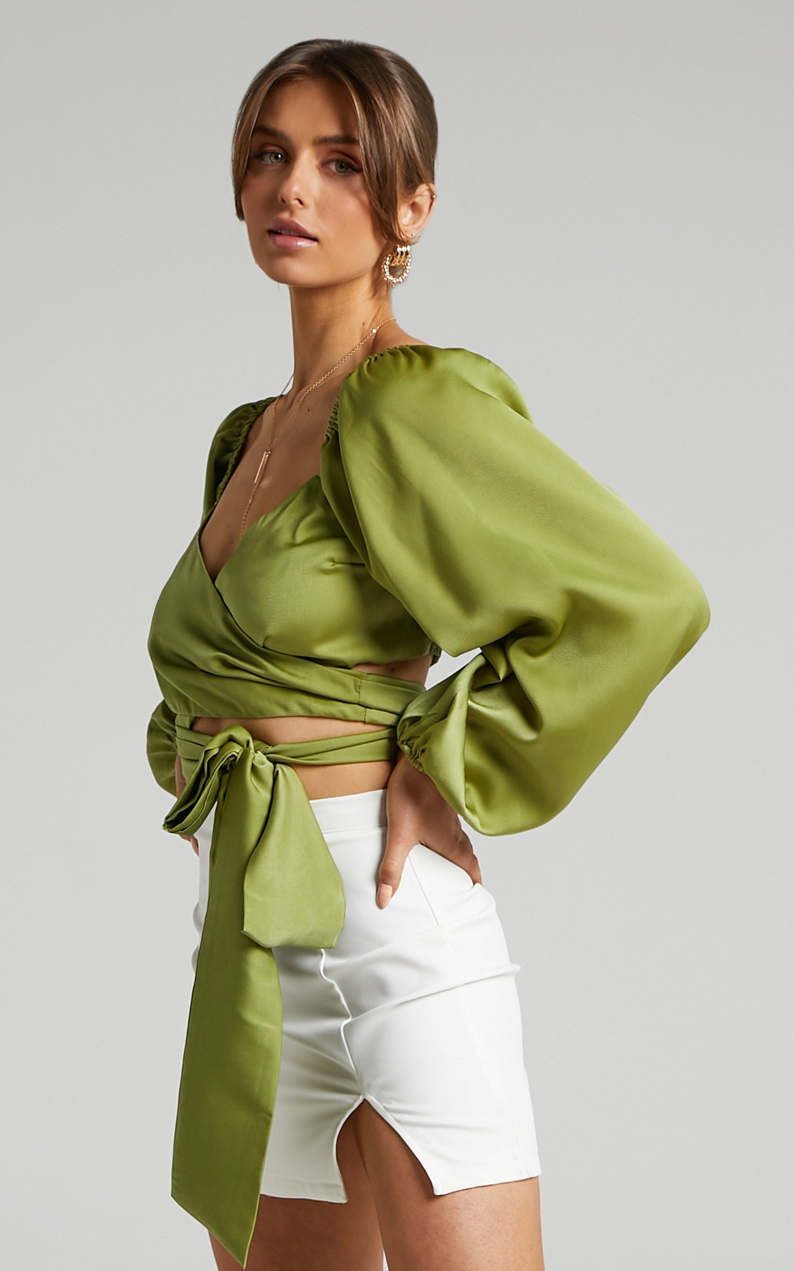 Toree Top - Long Sleeve Wrap Top in Olive
