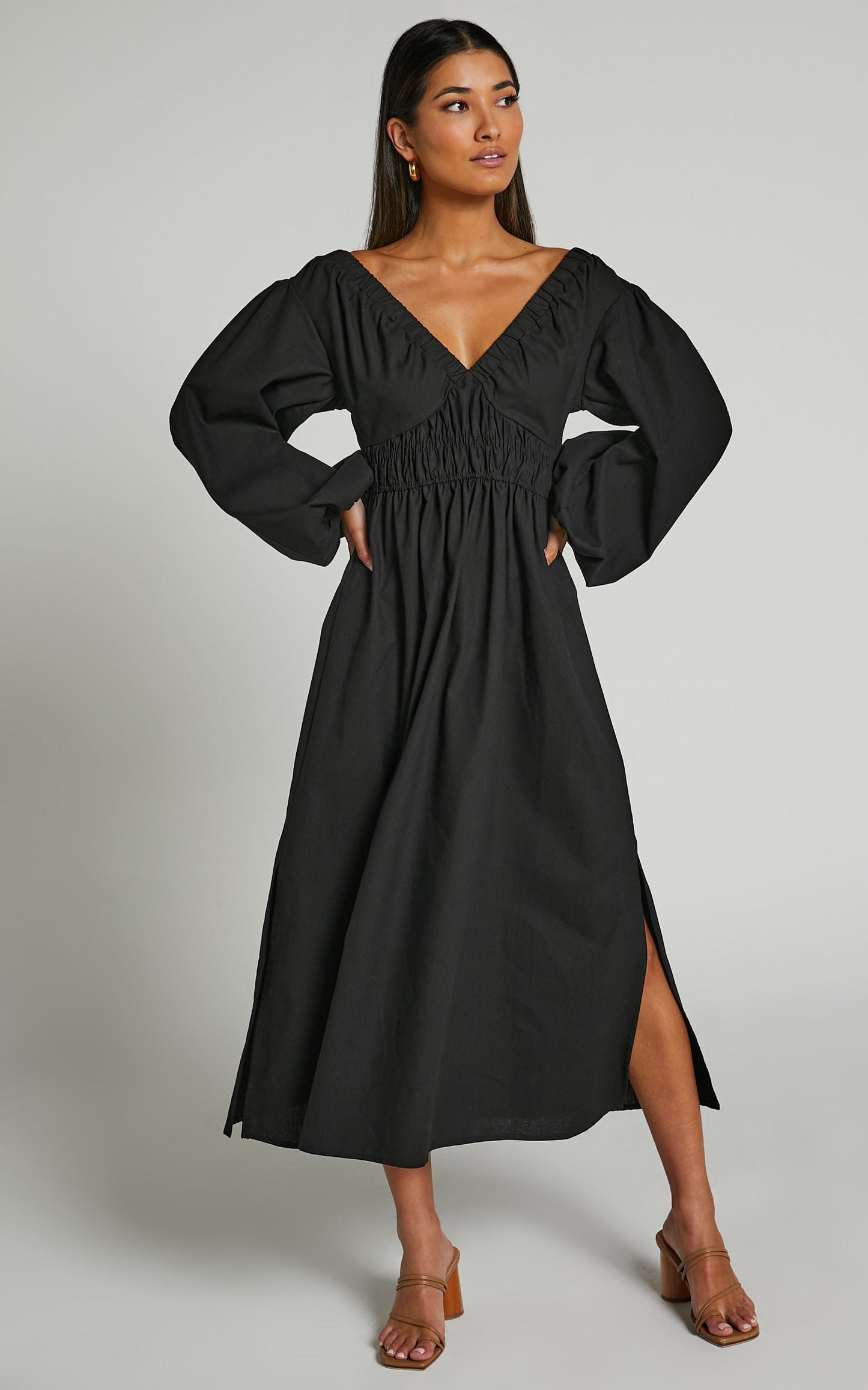 Tori Midi Dress - Linen Look Shirring V Neck Long Balloon Sleeve Dress in Black