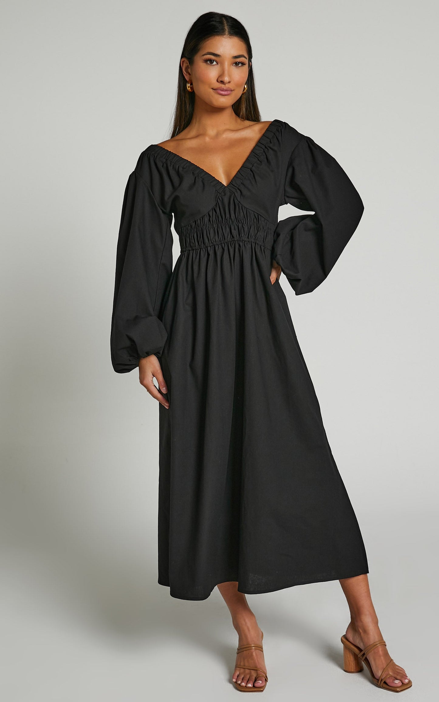 Tori Midi Dress - Linen Look Shirring V Neck Long Balloon Sleeve Dress in Black