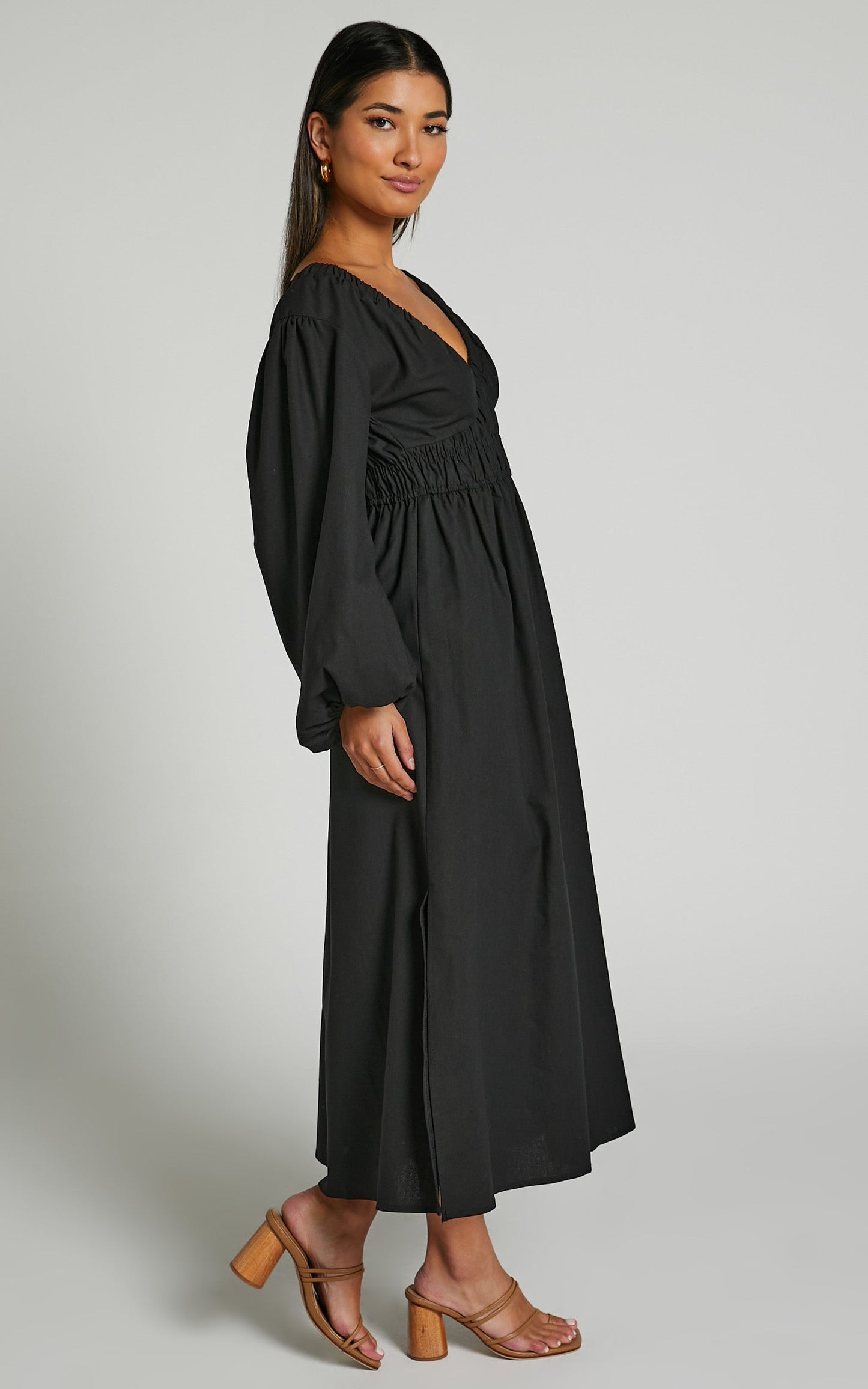Tori Midi Dress - Linen Look Shirring V Neck Long Balloon Sleeve Dress in Black