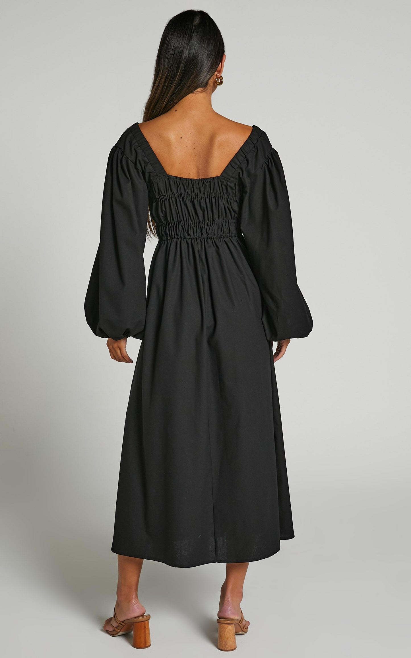 Tori Midi Dress - Linen Look Shirring V Neck Long Balloon Sleeve Dress in Black