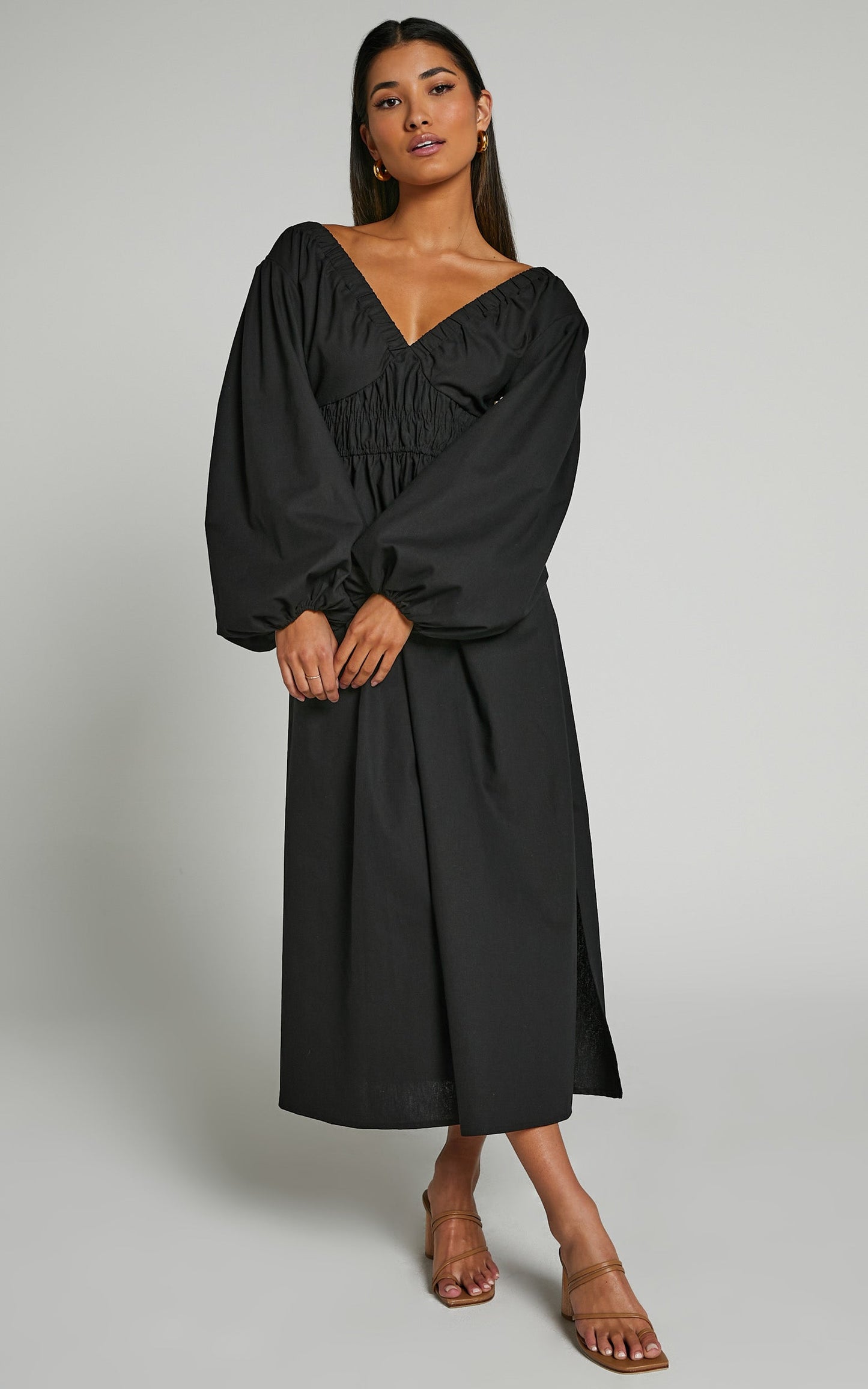 Tori Midi Dress - Linen Look Shirring V Neck Long Balloon Sleeve Dress in Black