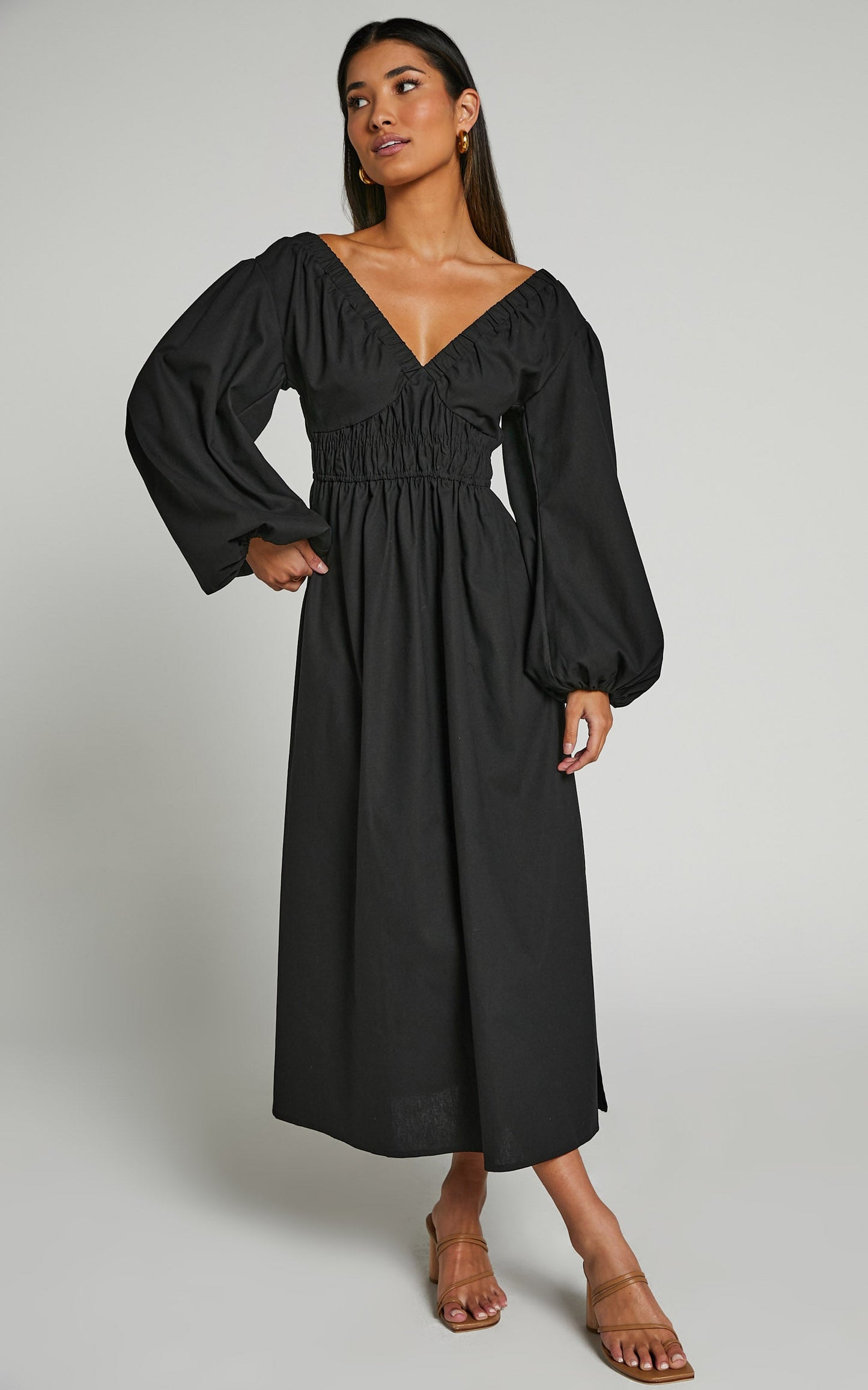 Tori Midi Dress - Linen Look Shirring V Neck Long Balloon Sleeve Dress in Black
