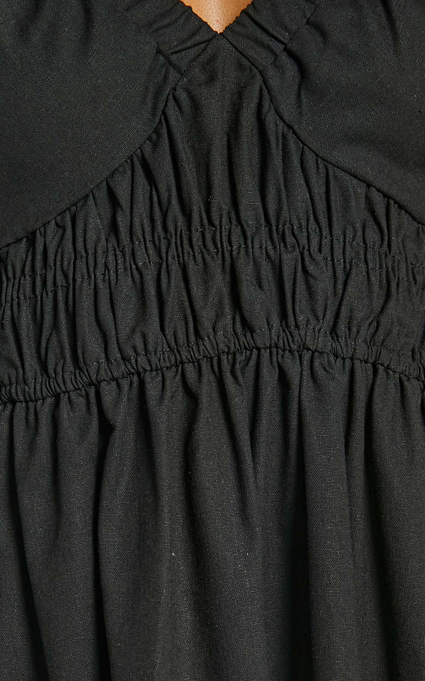 Tori Midi Dress - Linen Look Shirring V Neck Long Balloon Sleeve Dress in Black