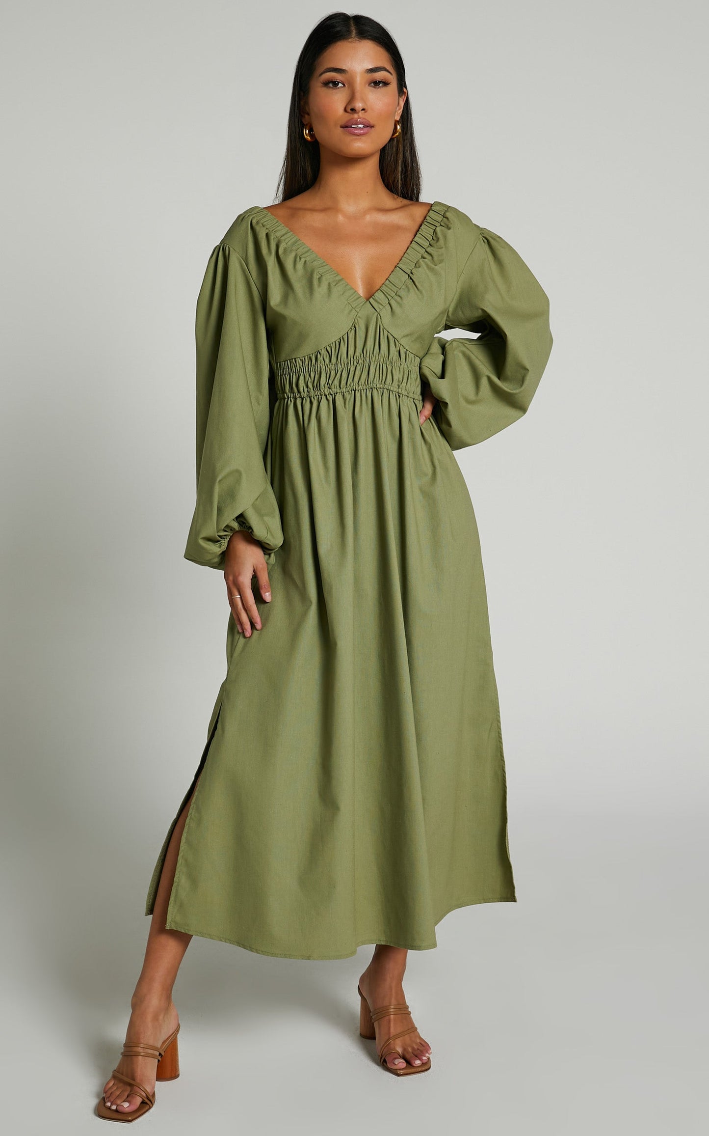 Tori Midi Dress - Linen Look Shirring V Neck Long Balloon Sleeve Dress in Khaki