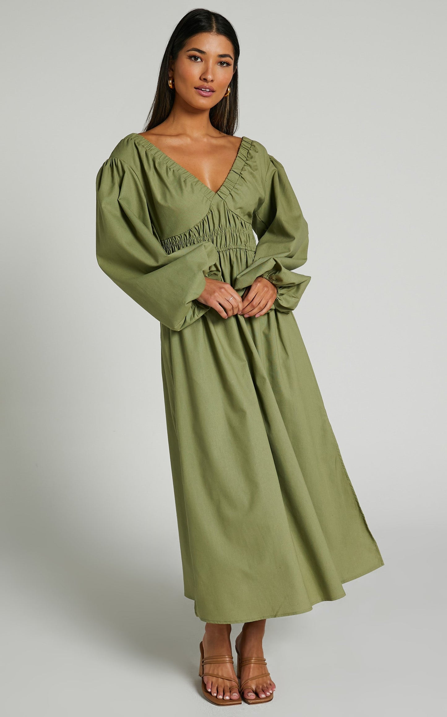 Tori Midi Dress - Linen Look Shirring V Neck Long Balloon Sleeve Dress in Khaki