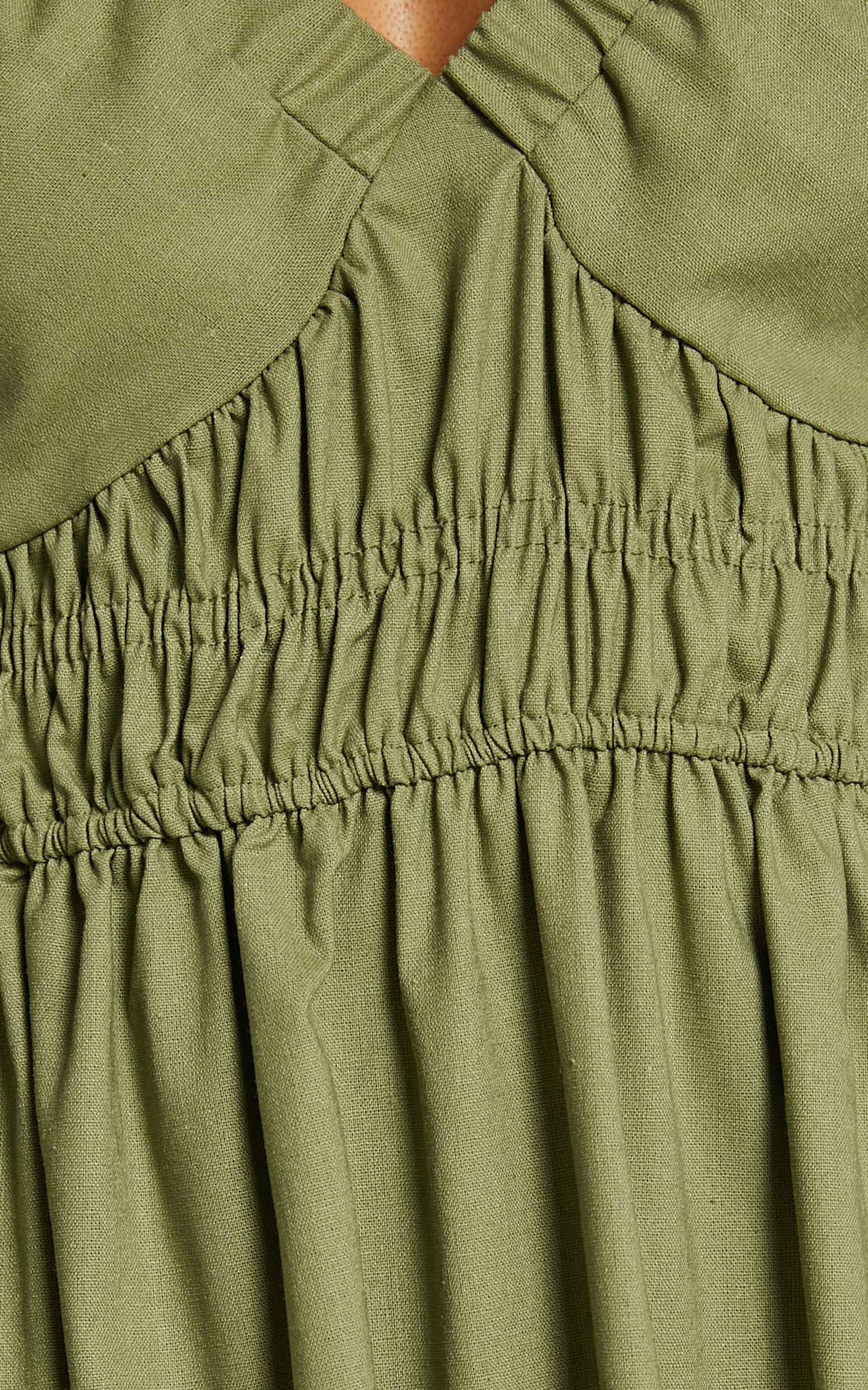Tori Midi Dress - Linen Look Shirring V Neck Long Balloon Sleeve Dress in Khaki