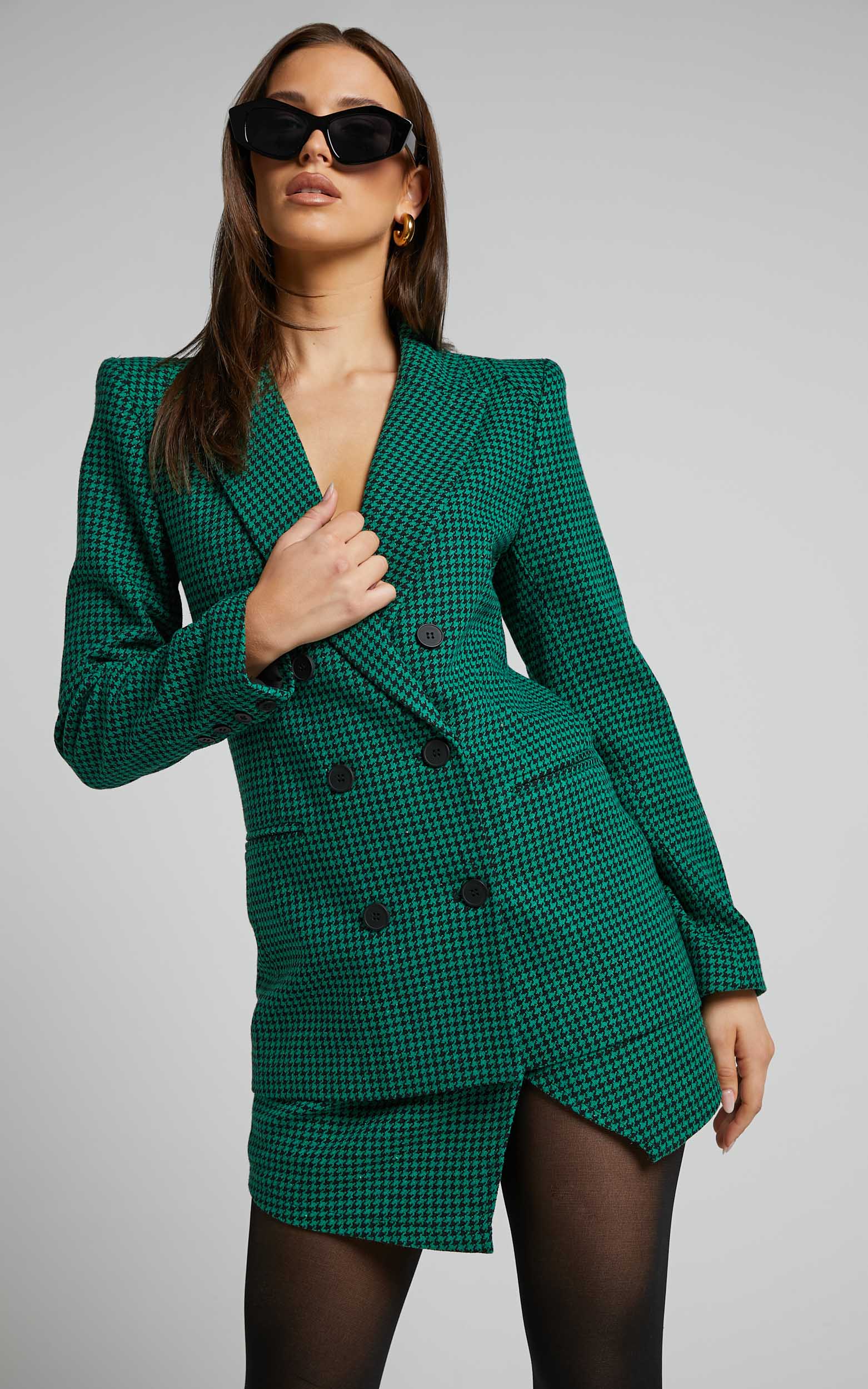 Toula Blazer - Longline Double Breasted Blazer in Green & Black