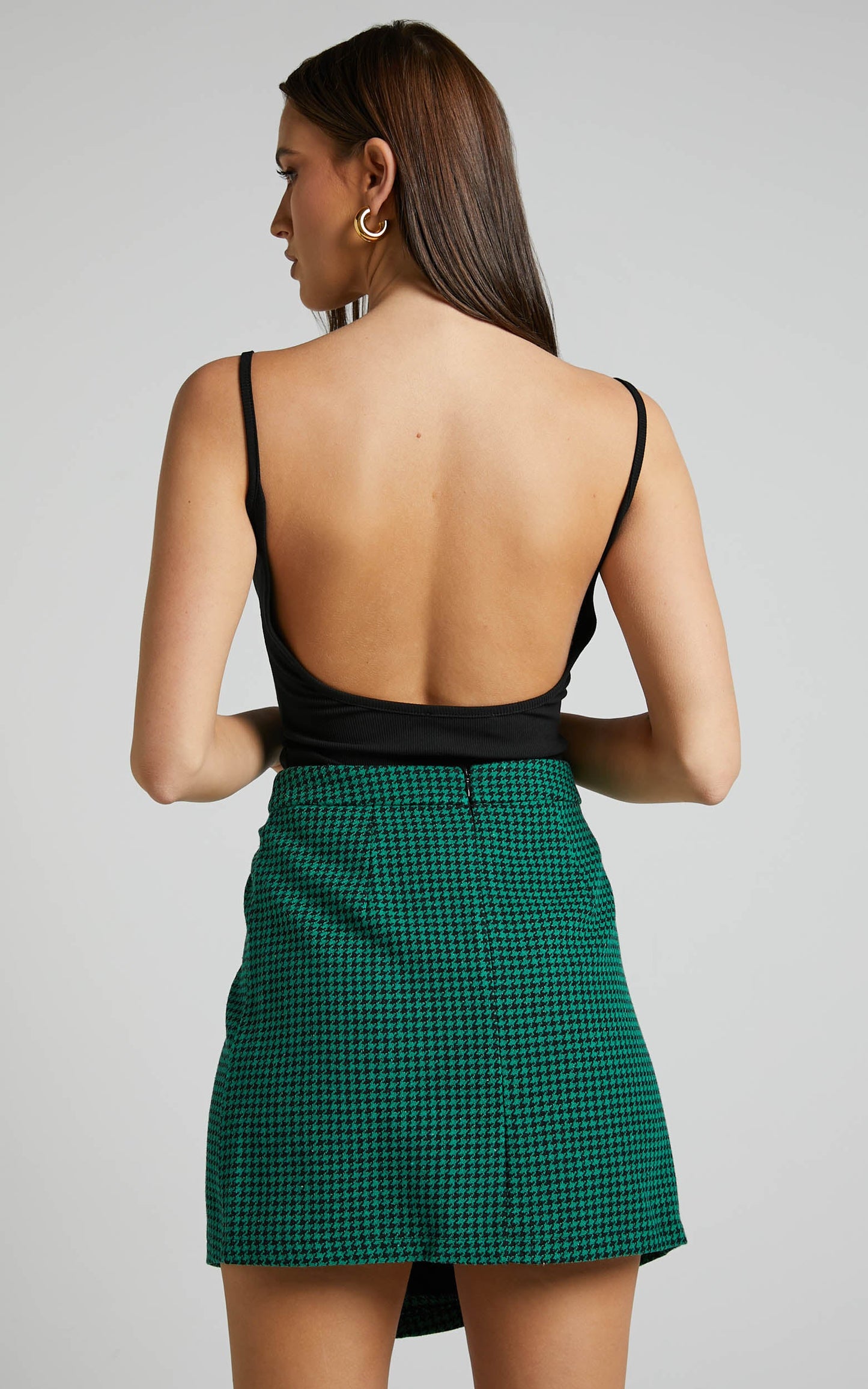 Toula Mini Skirt - Thigh Split High Waisted Skirt in Green and Black