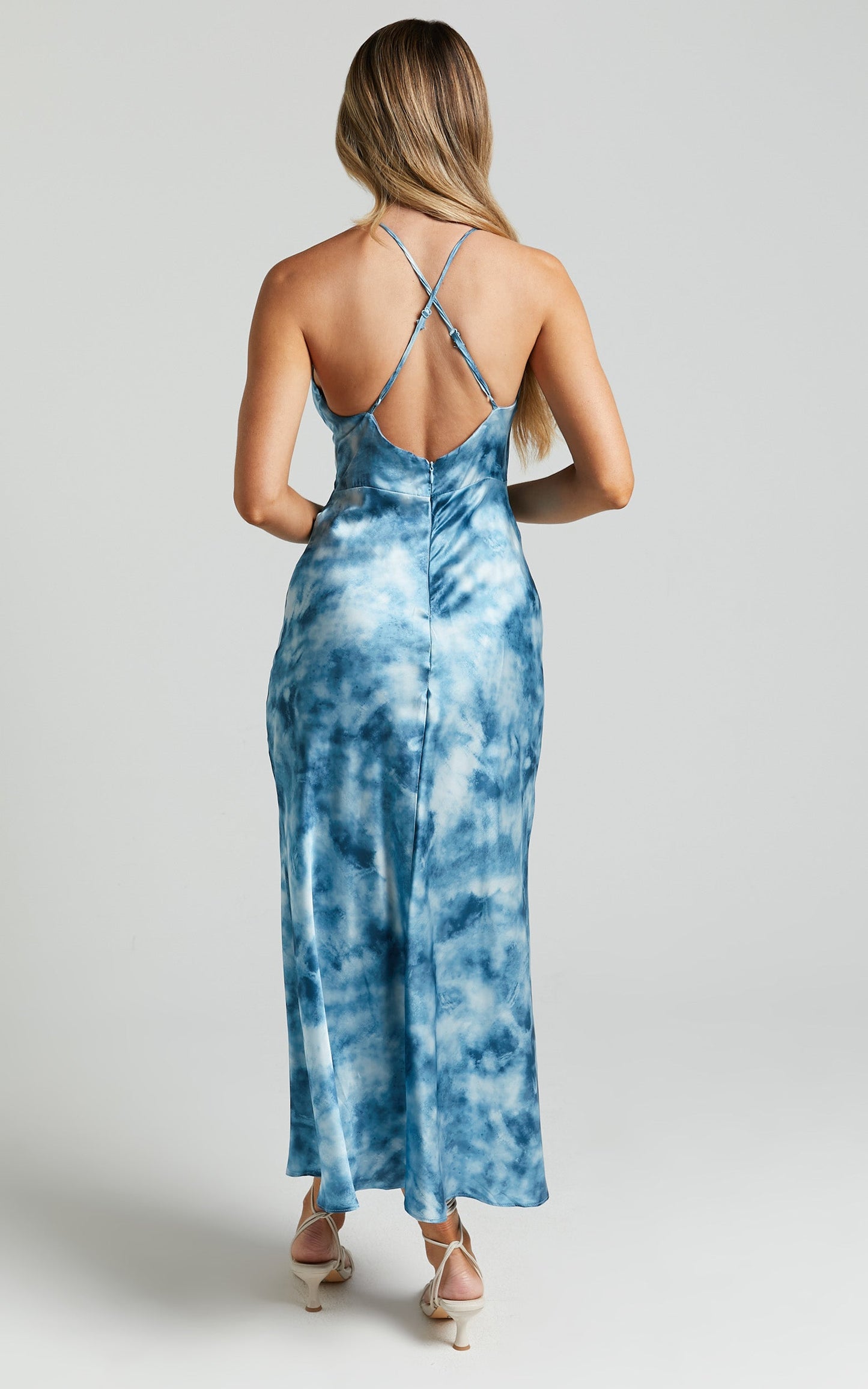 Tove Midi Dress - Twist Front Cut Out Satin Dress in Blue Tie Dye
