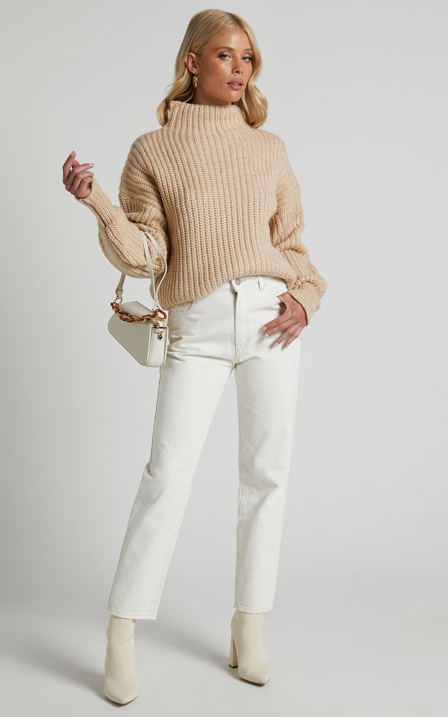 Tramay Jumper - Drop Shoulder High Neck Knit Jumper in Oatmeal