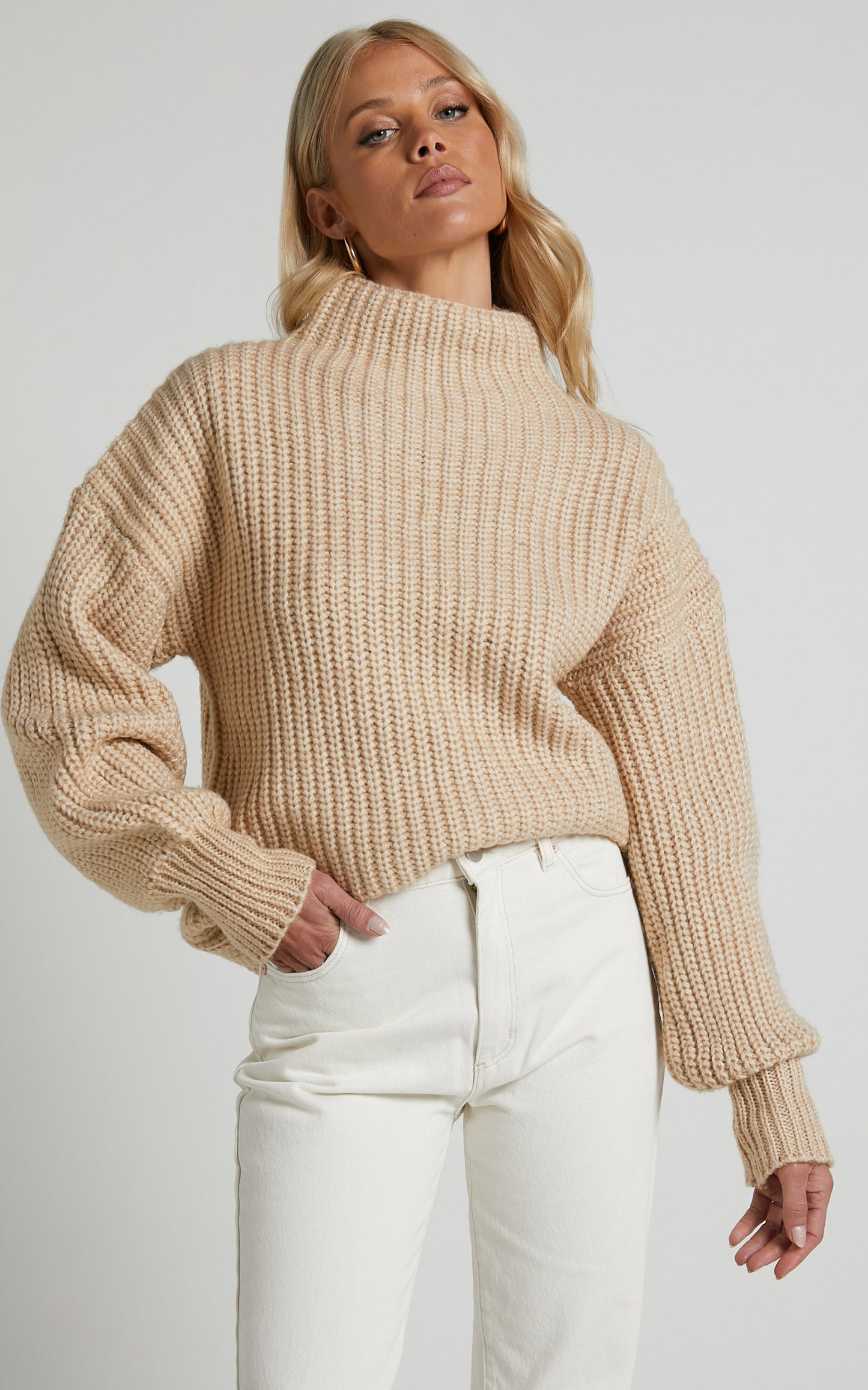 Tramay Jumper - Drop Shoulder High Neck Knit Jumper in Oatmeal