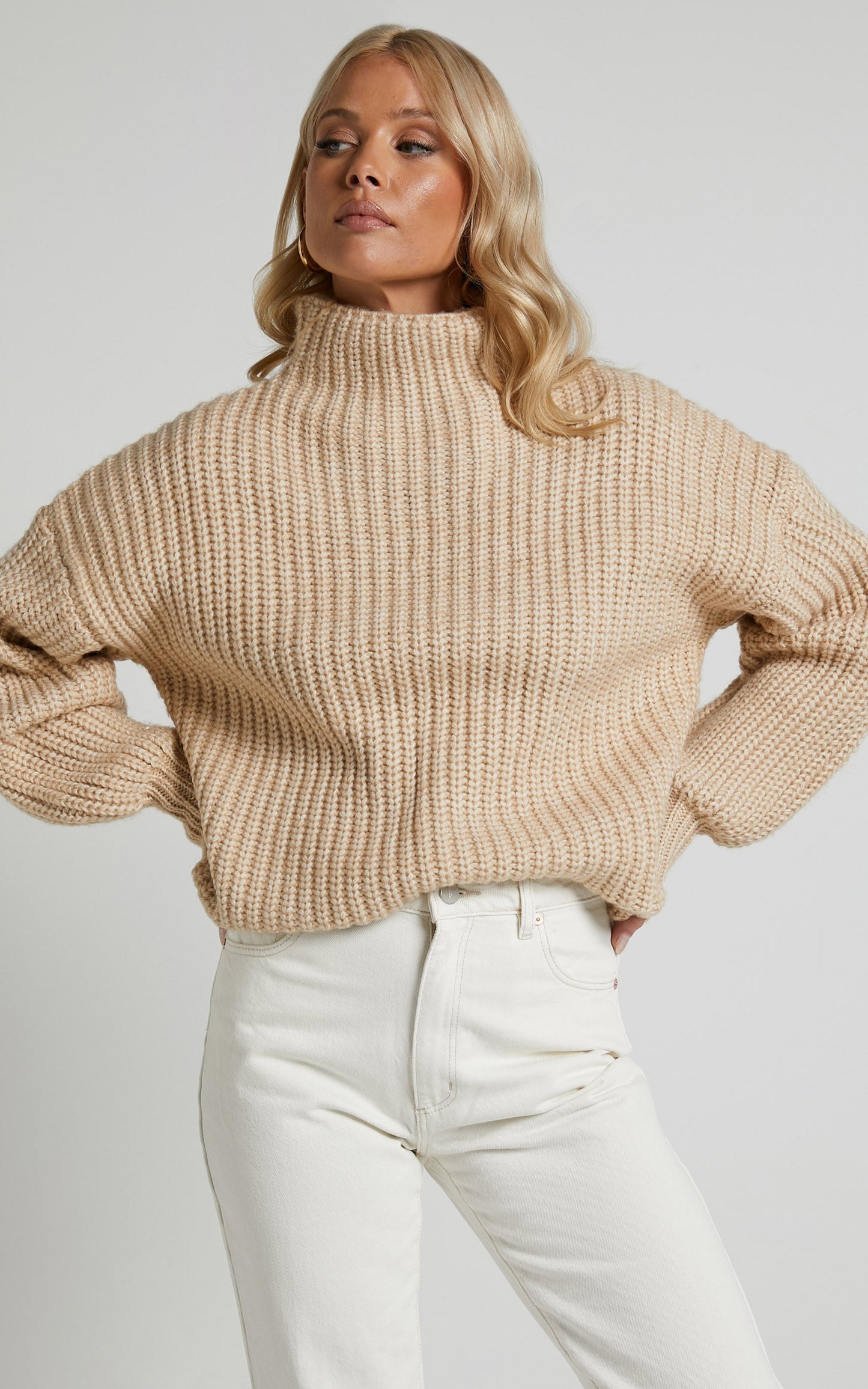 Tramay Jumper - Drop Shoulder High Neck Knit Jumper in Oatmeal
