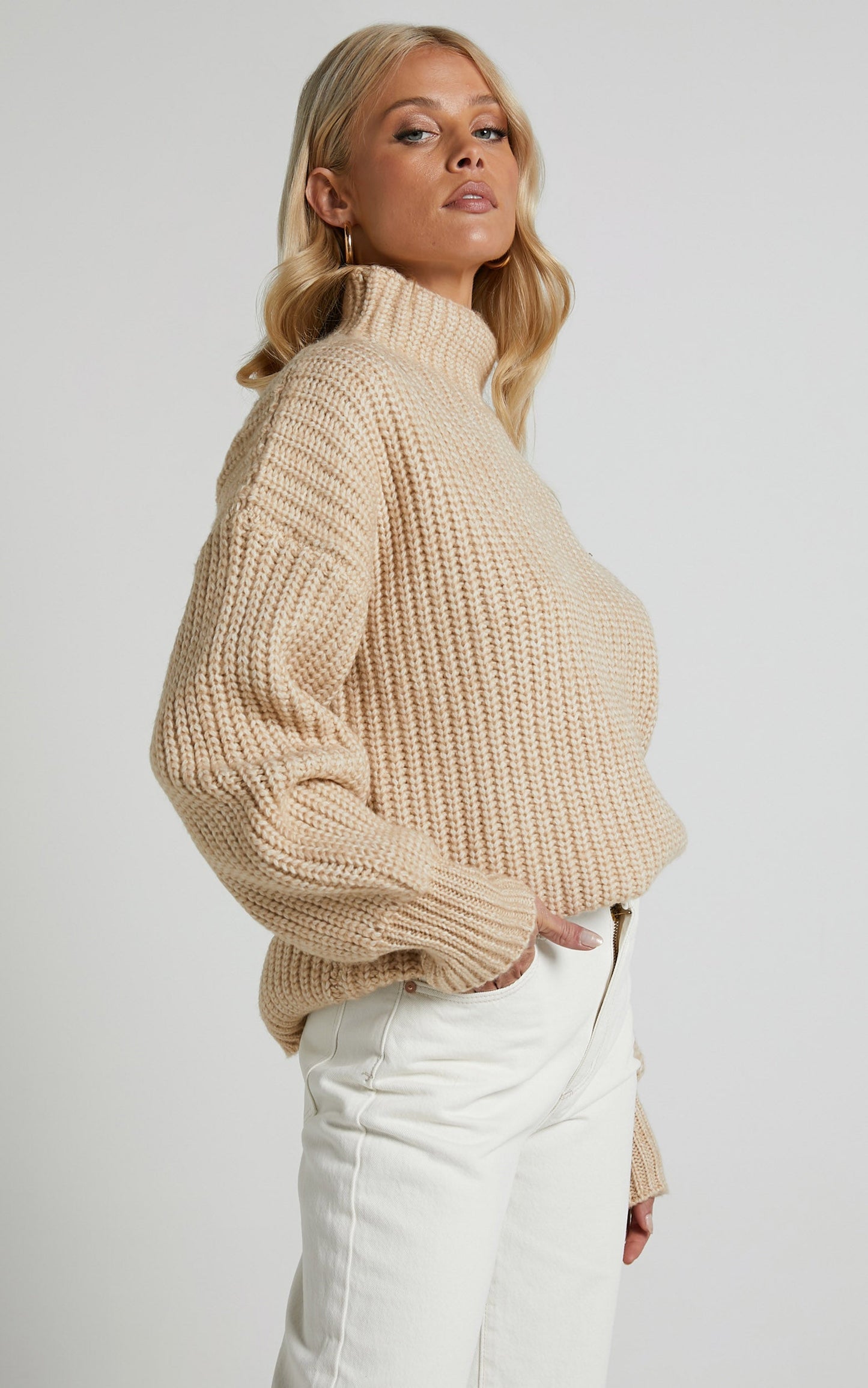 Tramay Jumper - Drop Shoulder High Neck Knit Jumper in Oatmeal