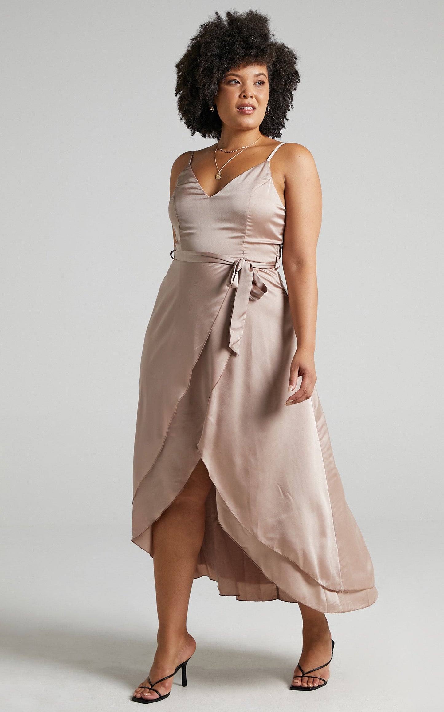 Treasuring You Wrap Midi Dress in Mocha Satin
