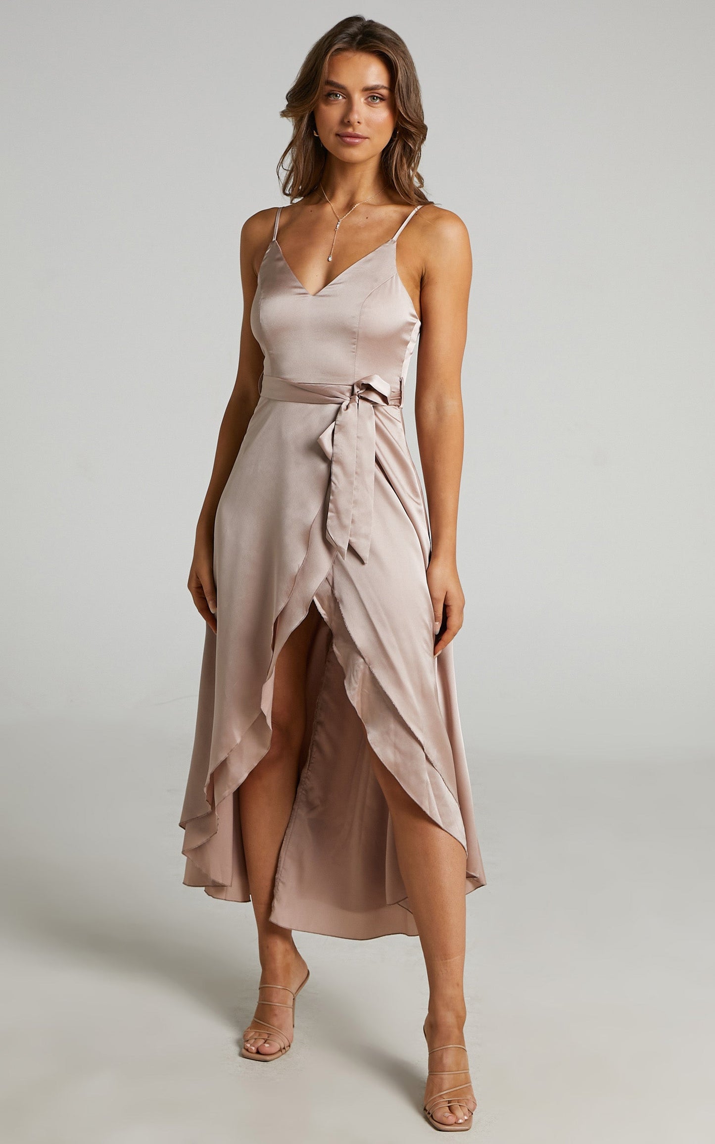 Treasuring You Wrap Midi Dress in Mocha Satin