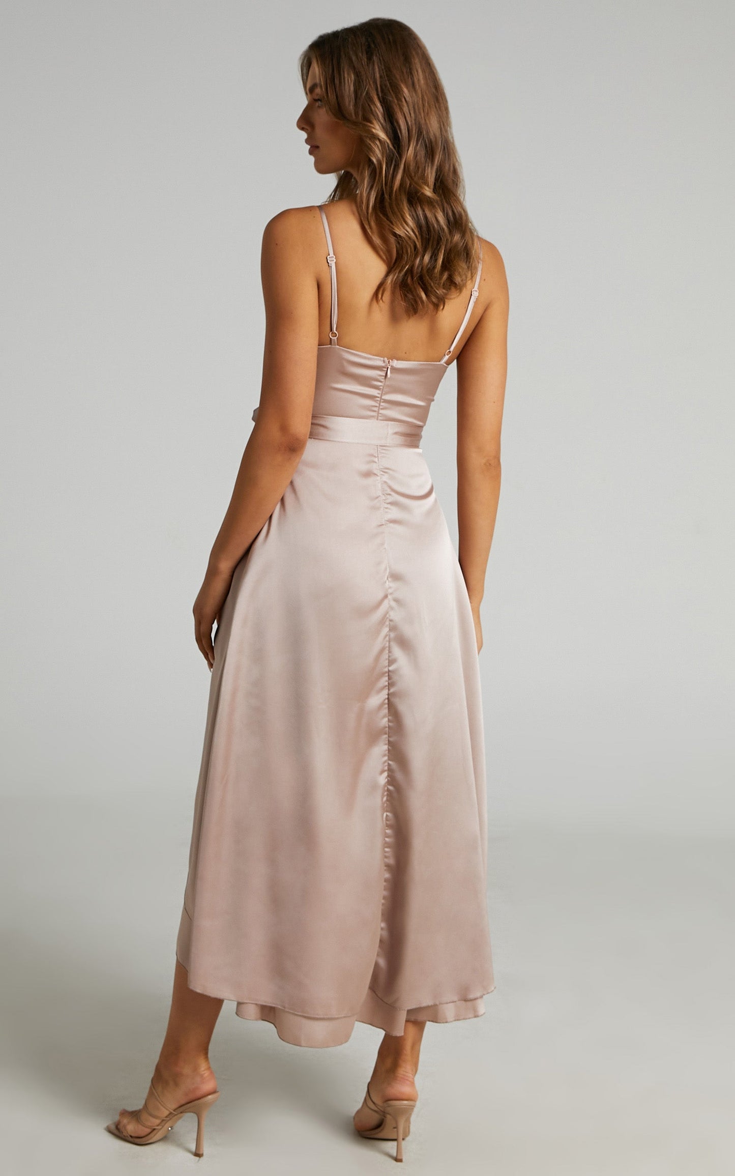 Treasuring You Wrap Midi Dress in Mocha Satin