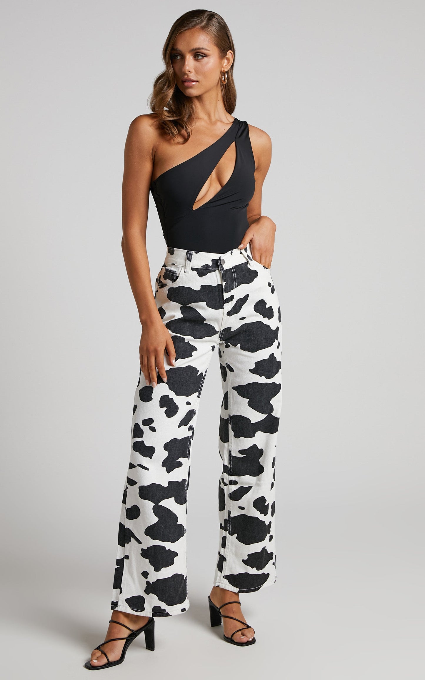 Trianky Pants - Cow Print High Waist Straight Leg Pants in Black/White