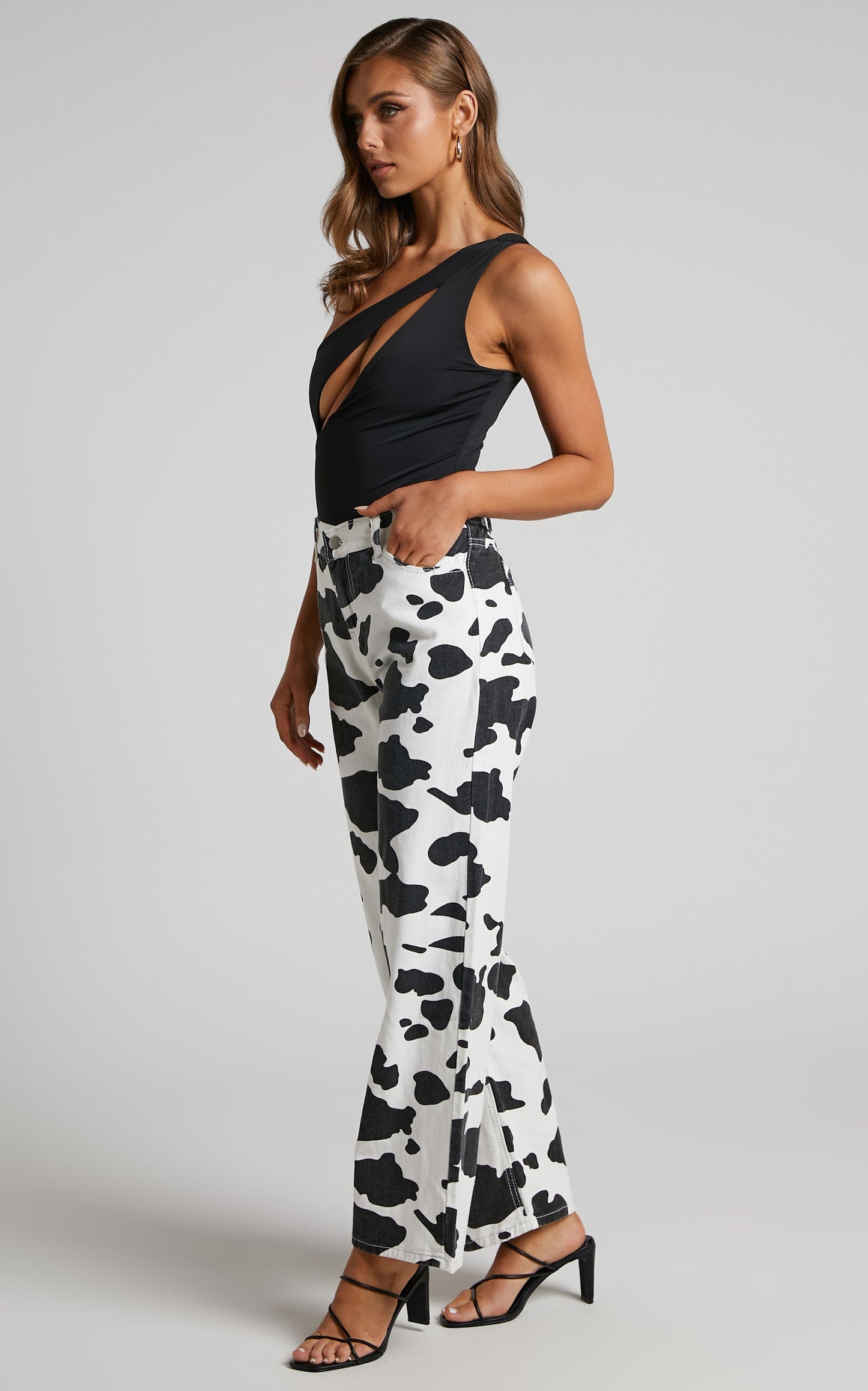 Trianky Pants - Cow Print High Waist Straight Leg Pants in Black/White