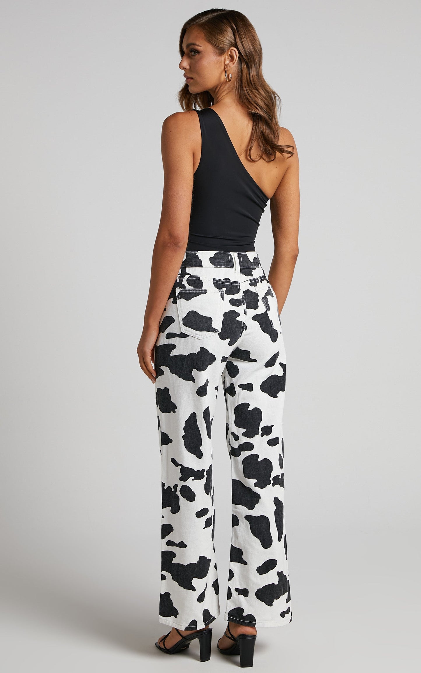 Trianky Pants - Cow Print High Waist Straight Leg Pants in Black/White
