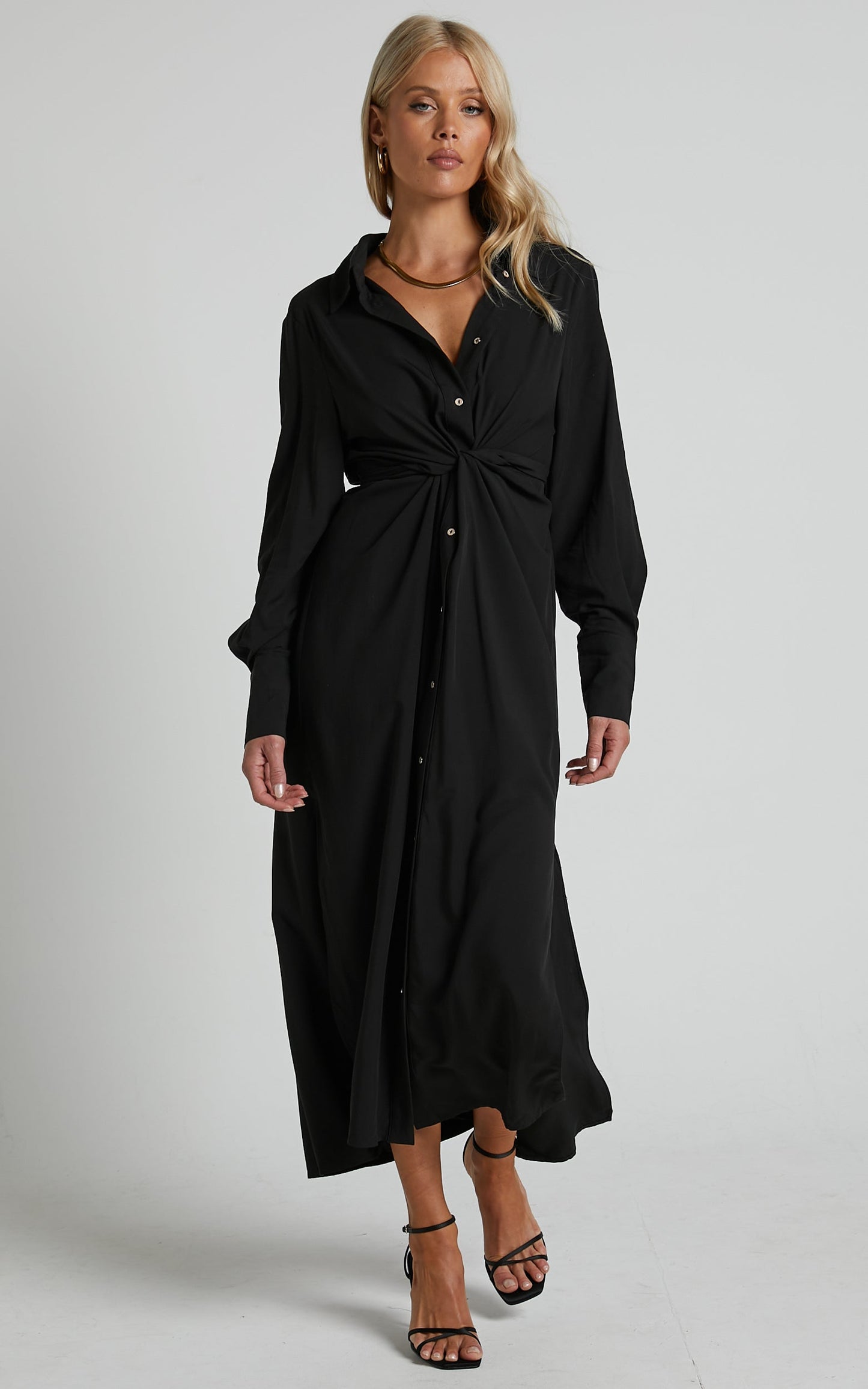 Trinidad Midi Dress - Twist Front Button Through Dress in Black