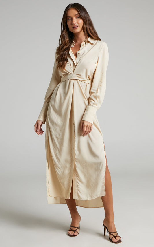 Trinidad Midi Dress - Twist Front Button Through Dress in Sand