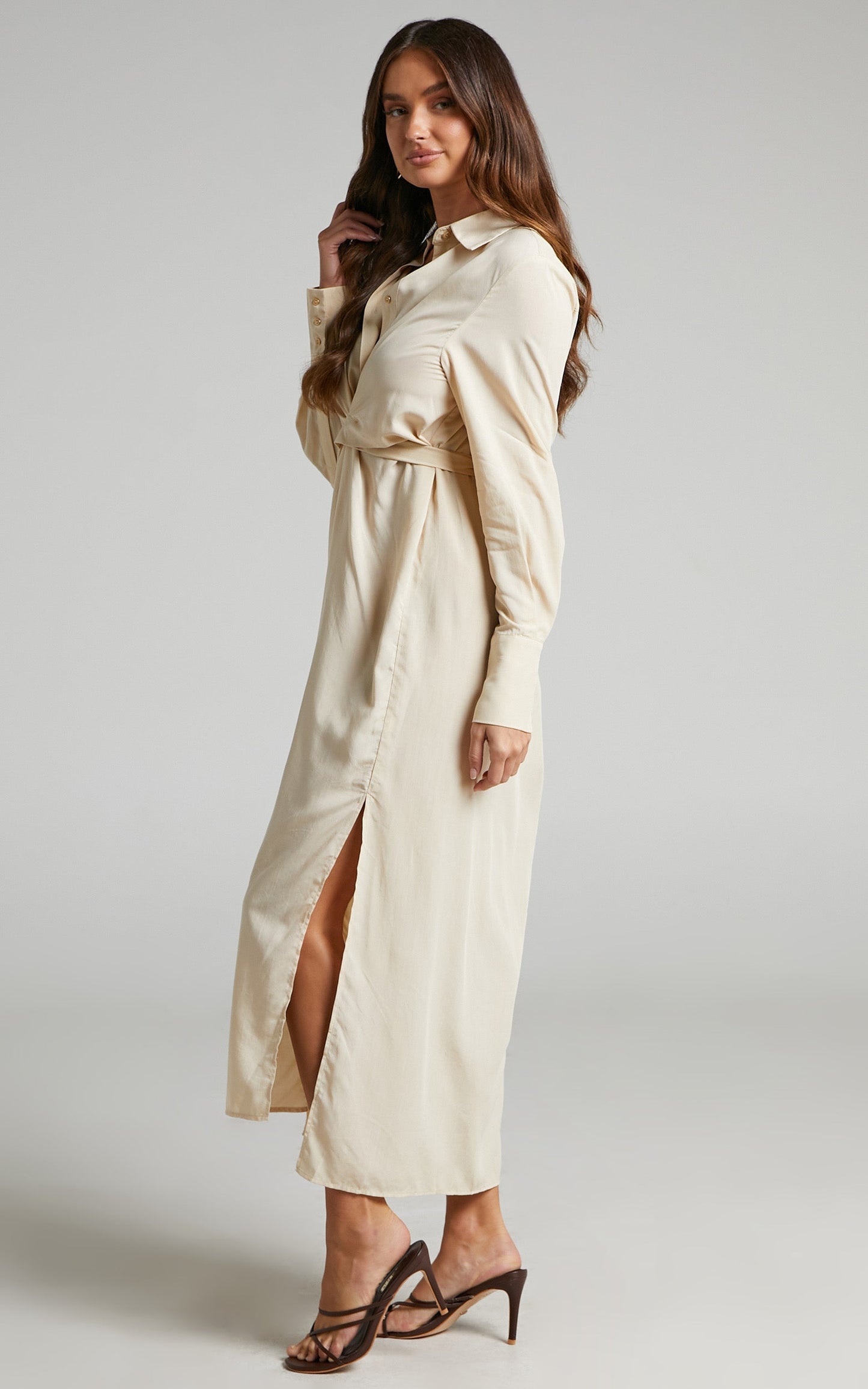 Trinidad Midi Dress - Twist Front Button Through Dress in Sand