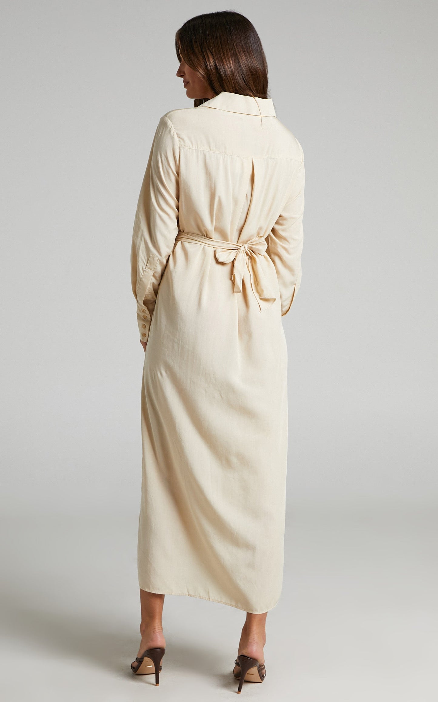 Trinidad Midi Dress - Twist Front Button Through Dress in Sand