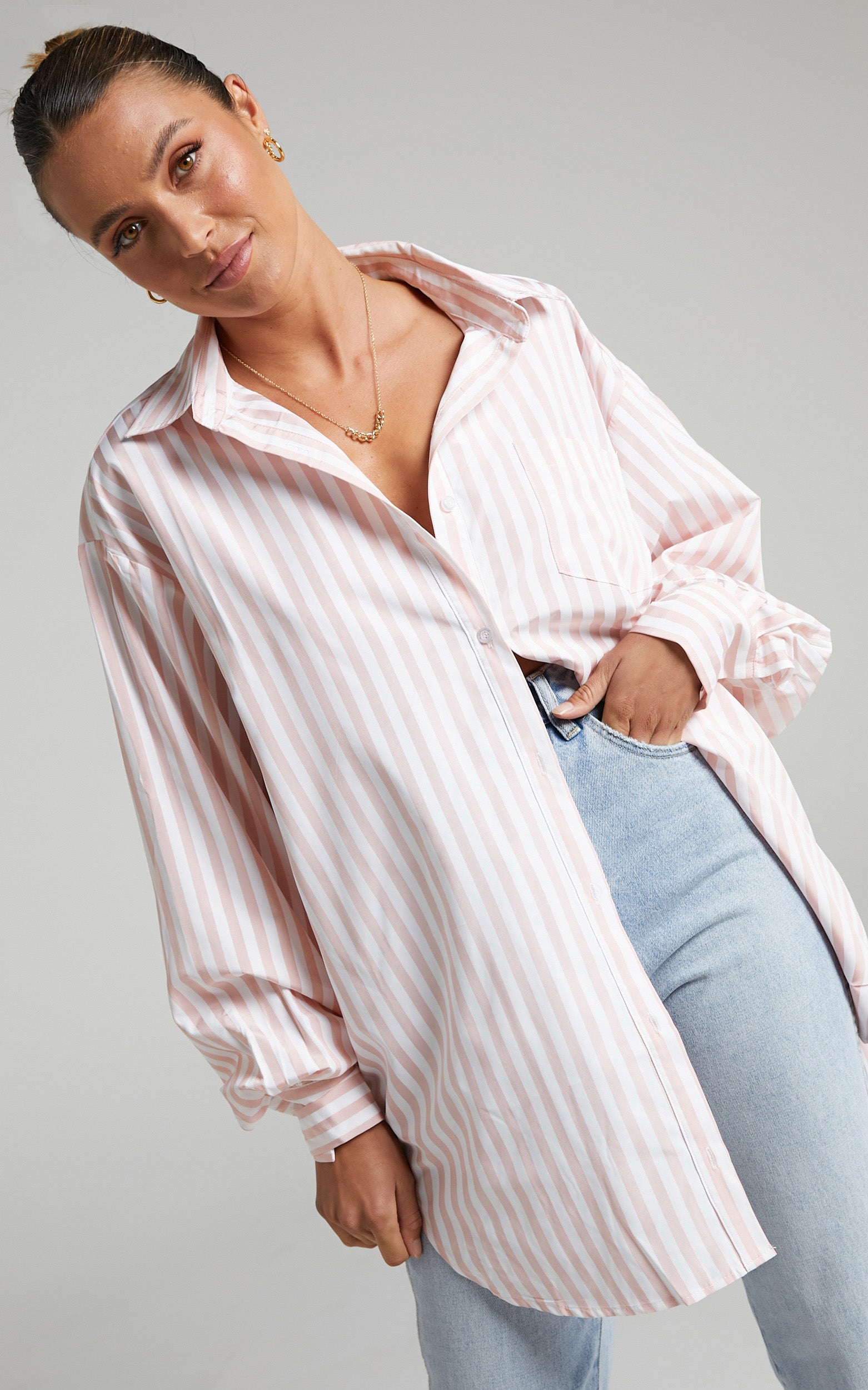 Trinity Oversized Stripe Shirt in Beige