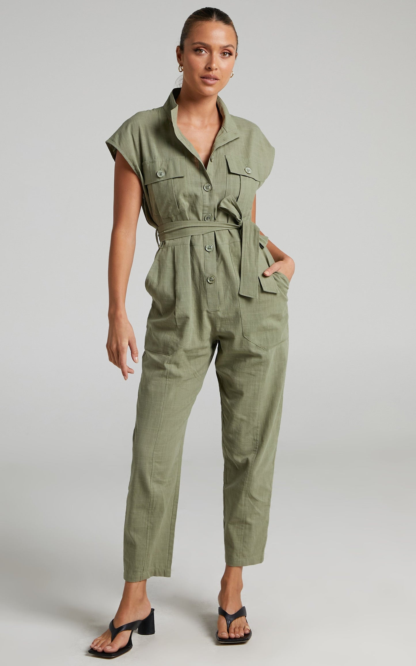 Tristan Utility Linen Blend Jumpsuit in Khaki