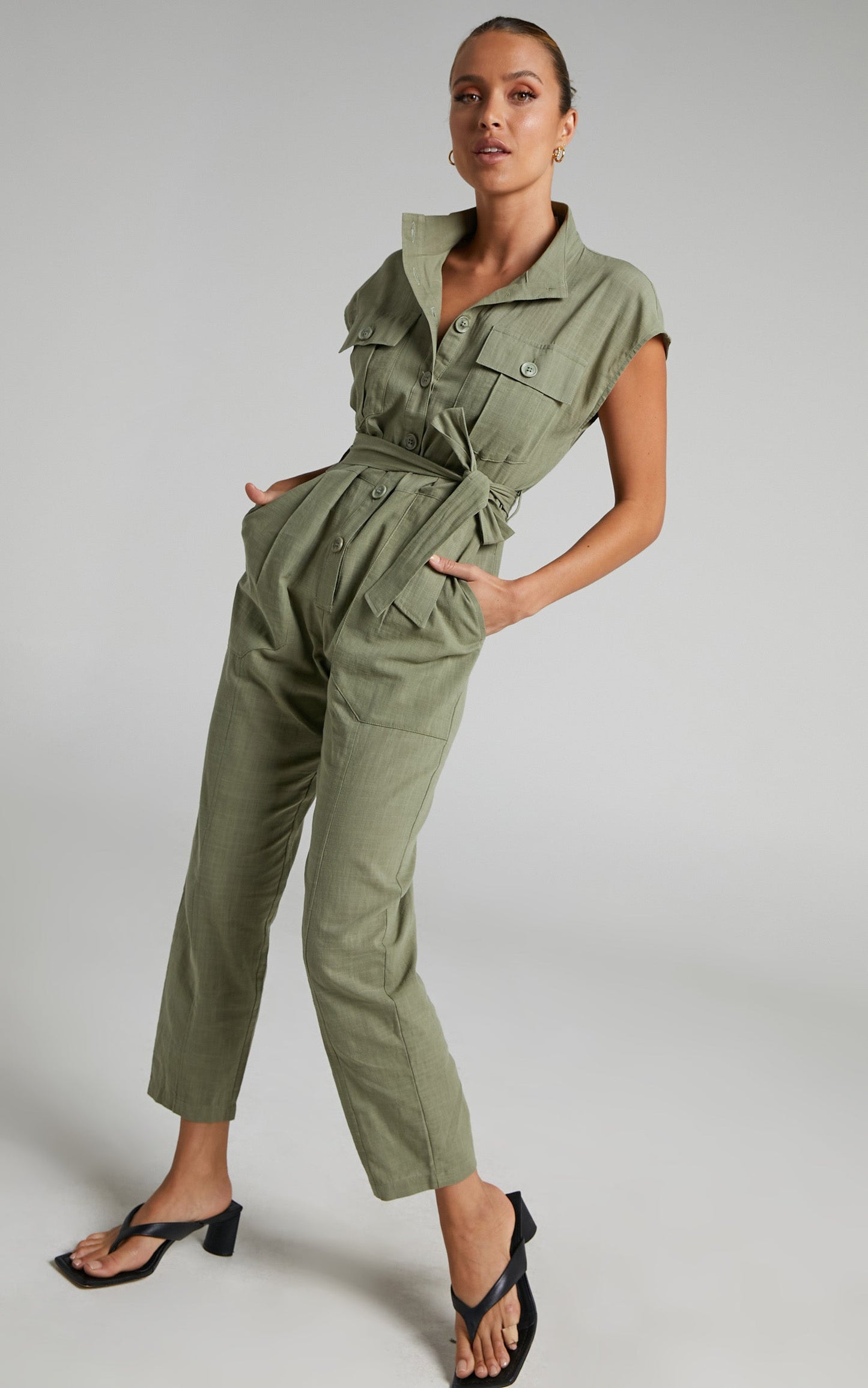 Tristan Utility Linen Blend Jumpsuit in Khaki