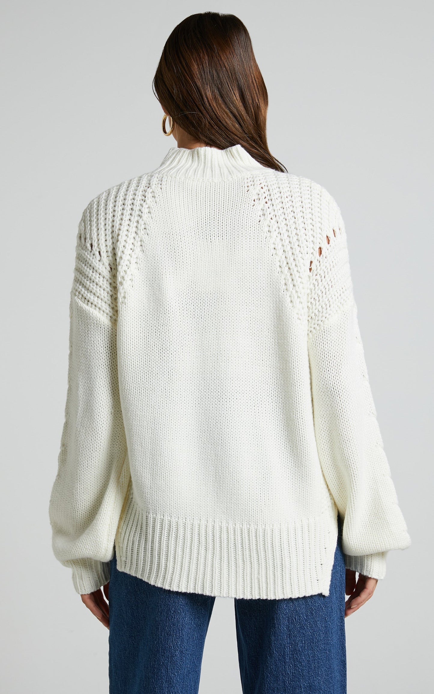 Trizia Jumper - Long Sleeve High Neck Pointelle Knit Jumper in Cream