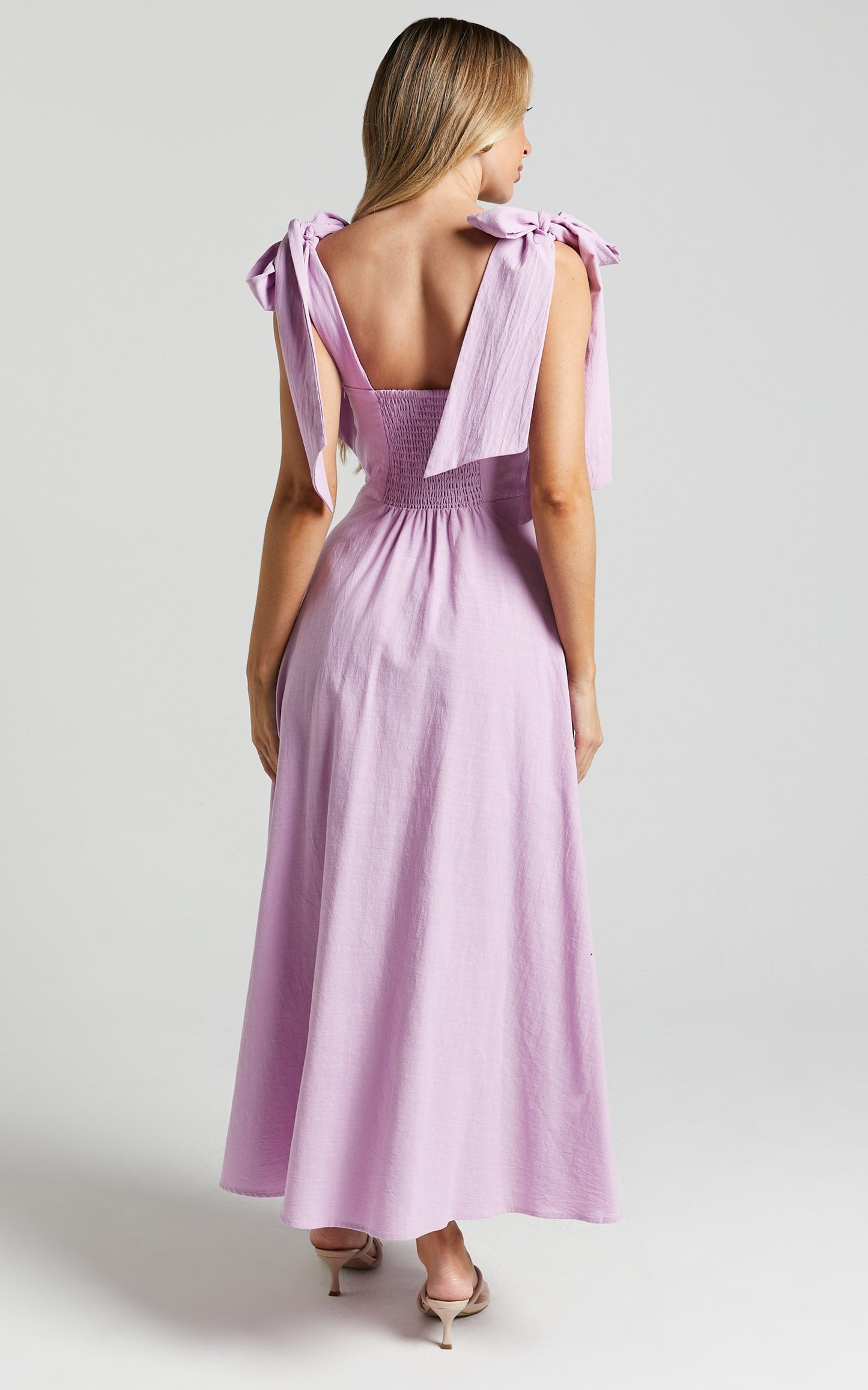 Tymia Midi Dress - Shoulder Tie Bustier Shirred Back A Line in Lavender