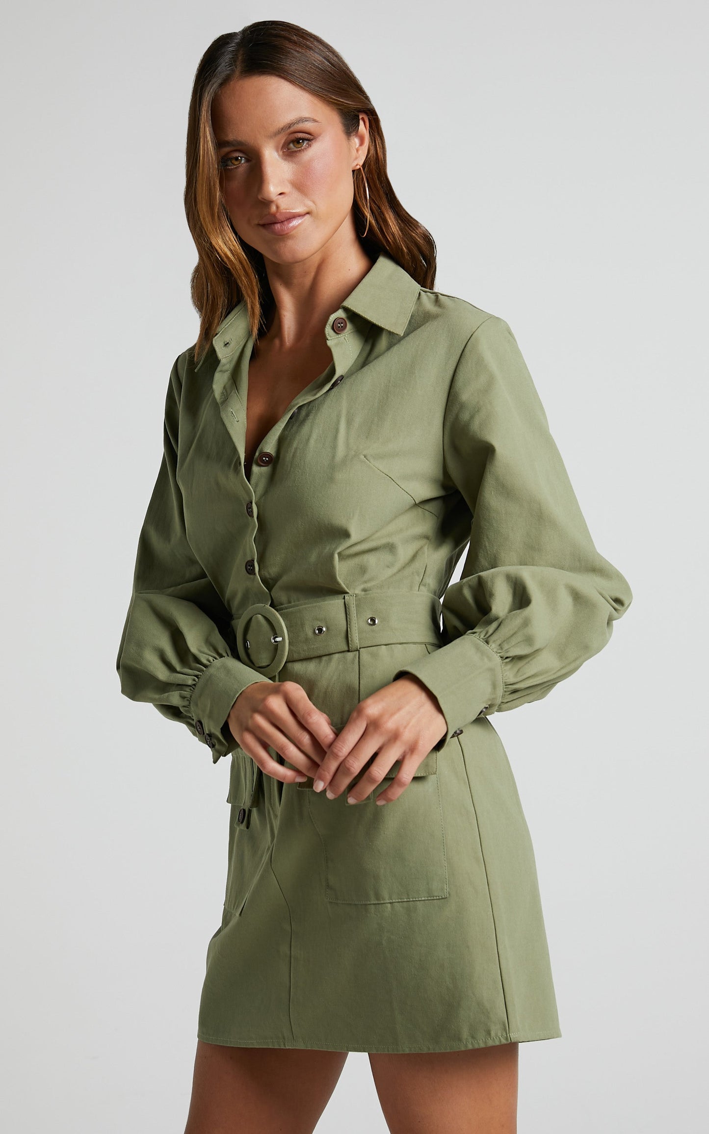 Tymika Mini Dress - Button Up Belted Dress in Khaki