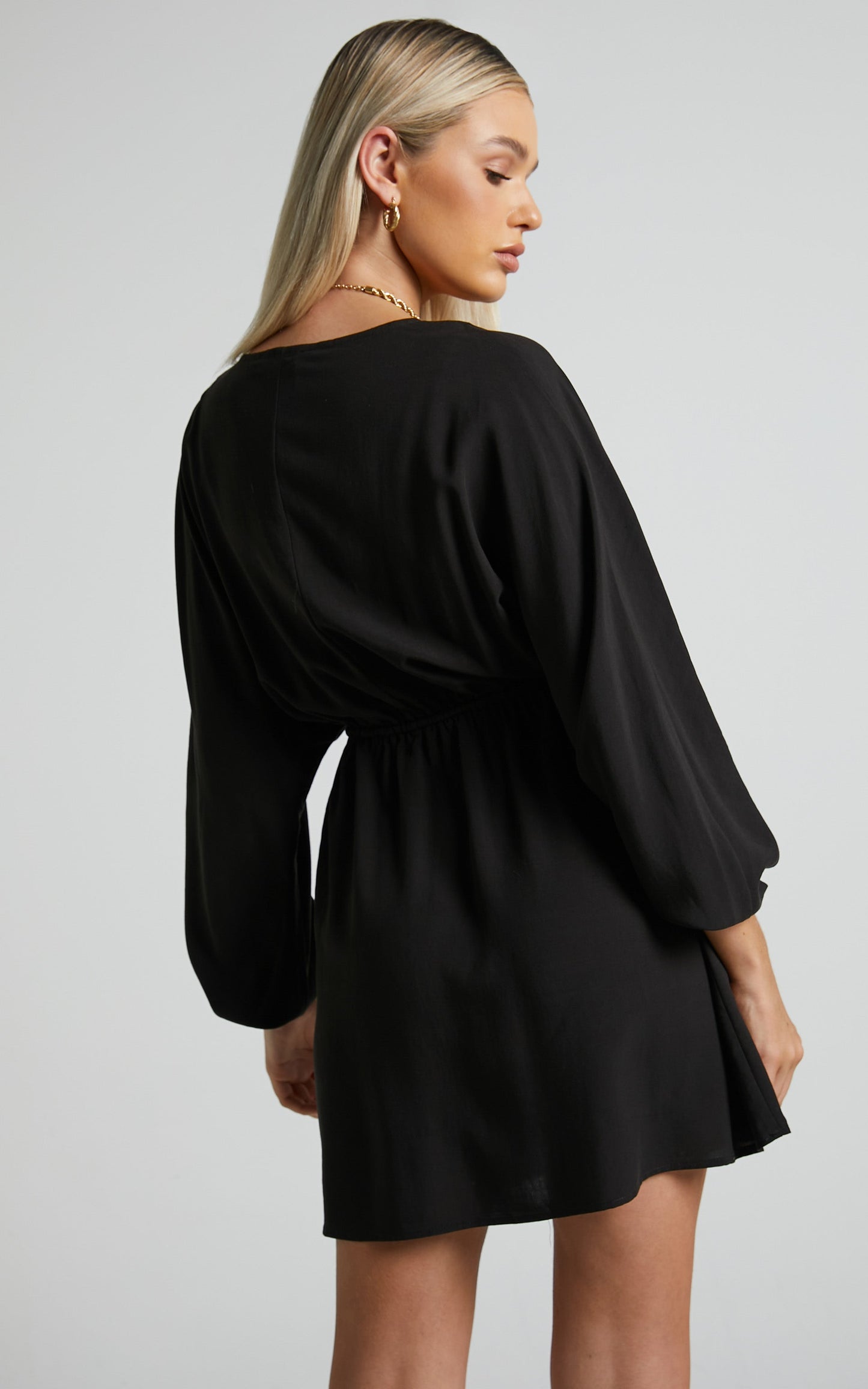 Tyrica Mini Dress - V Neck Tie Waist Long Sleeve Dress in Black