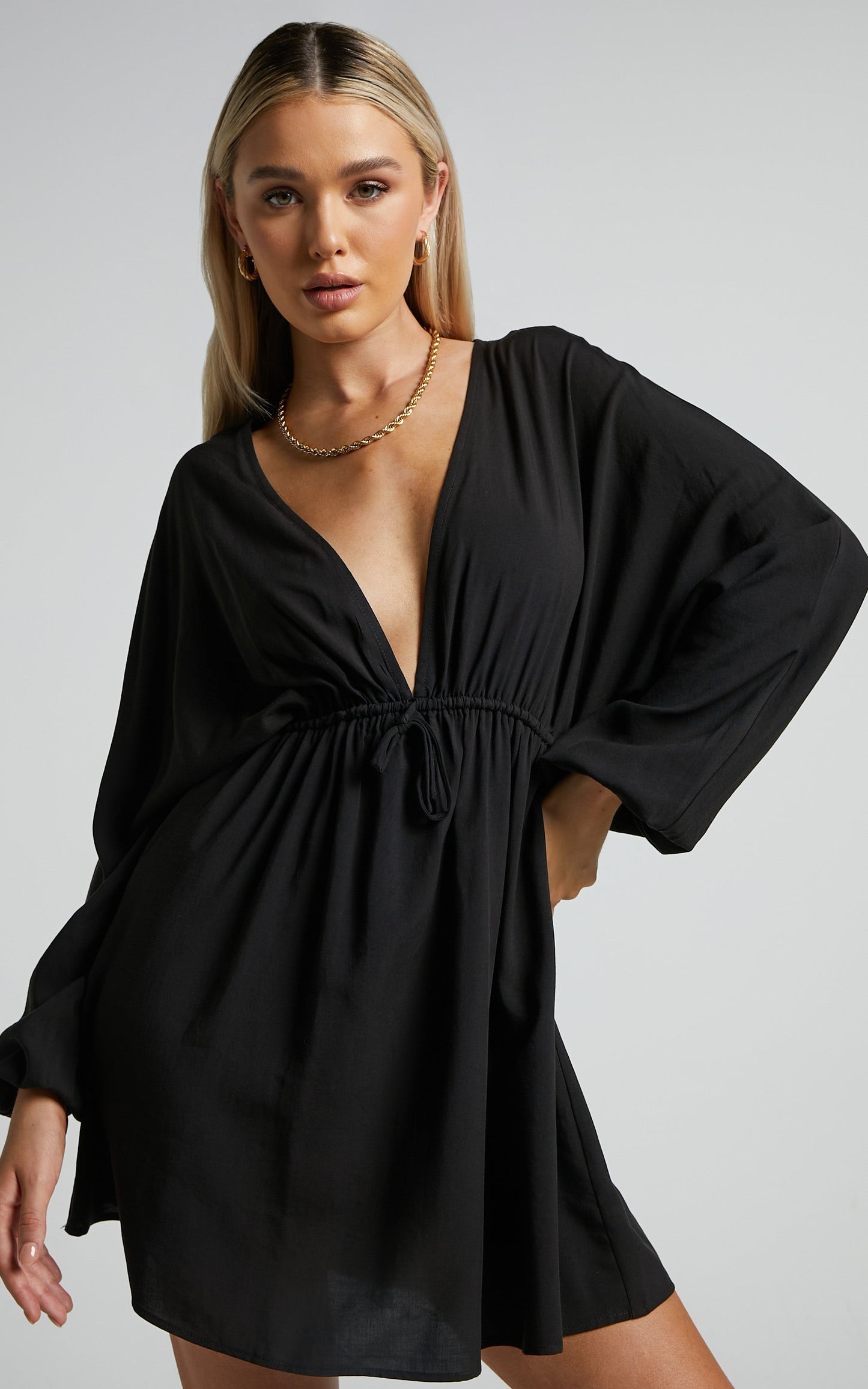 Tyrica Mini Dress - V Neck Tie Waist Long Sleeve Dress in Black