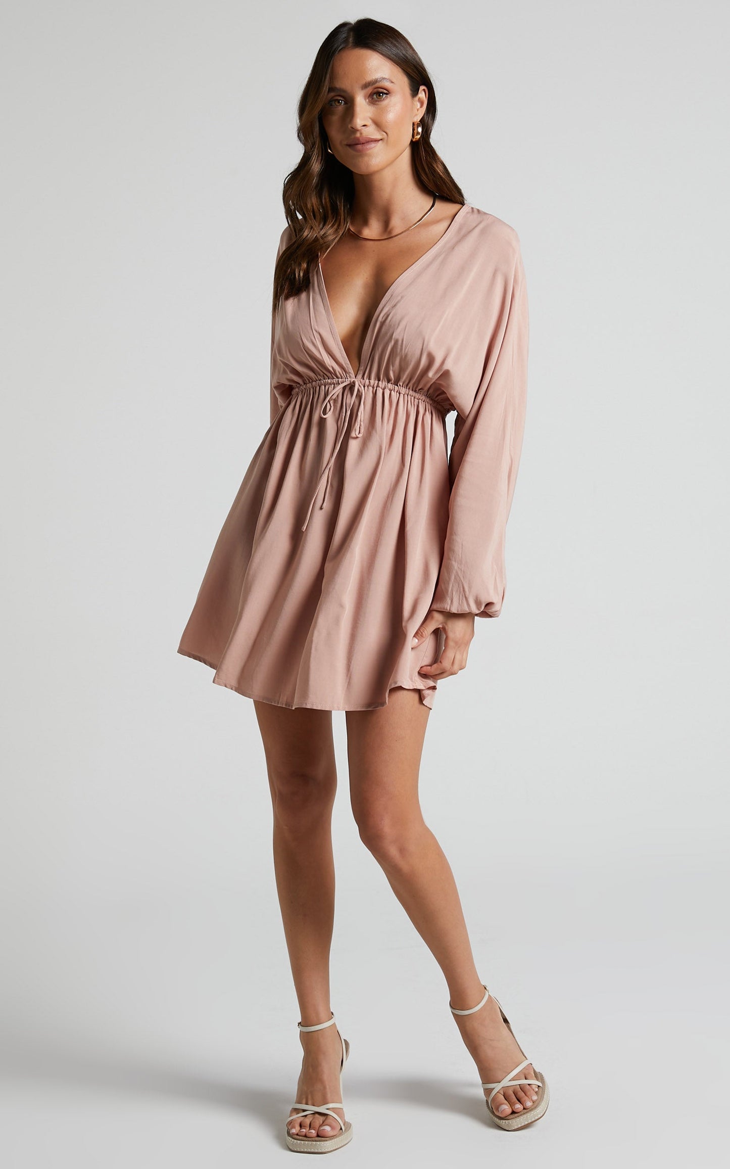 Tyrica Mini Dress - V Neck Tie Waist Long Sleeve Dress in Dusty Pink