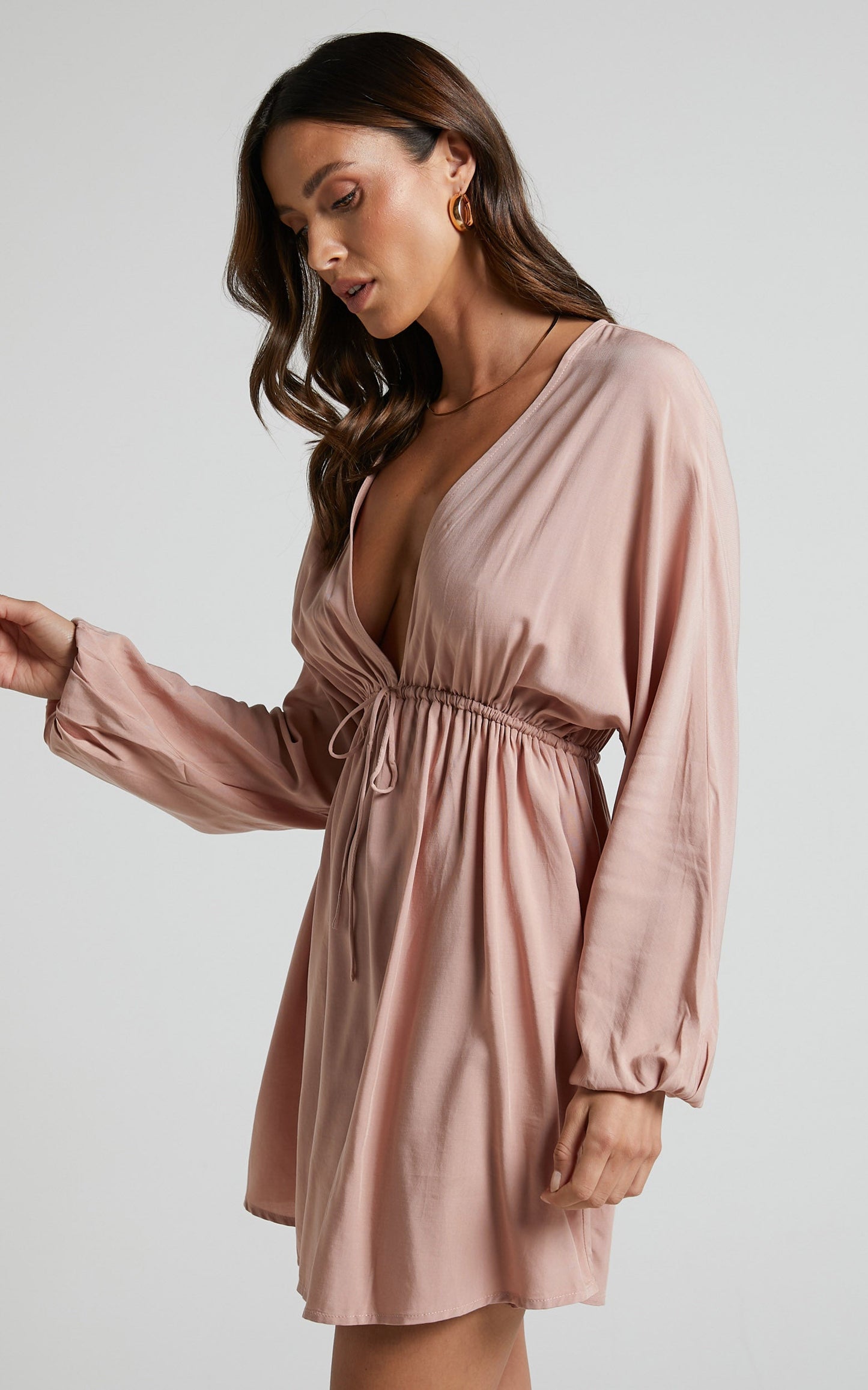 Tyrica Mini Dress - V Neck Tie Waist Long Sleeve Dress in Dusty Pink