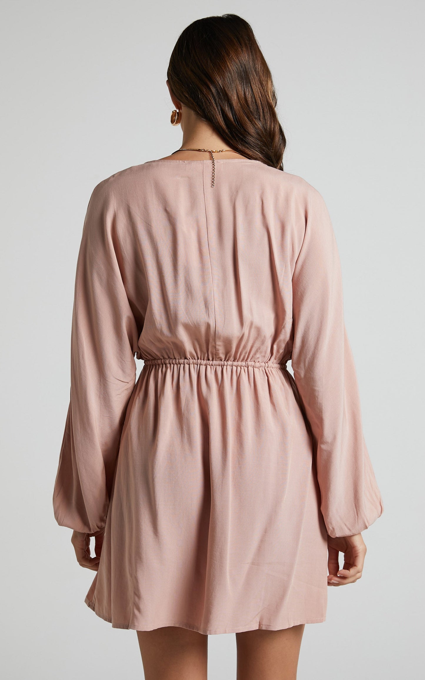 Tyrica Mini Dress - V Neck Tie Waist Long Sleeve Dress in Dusty Pink