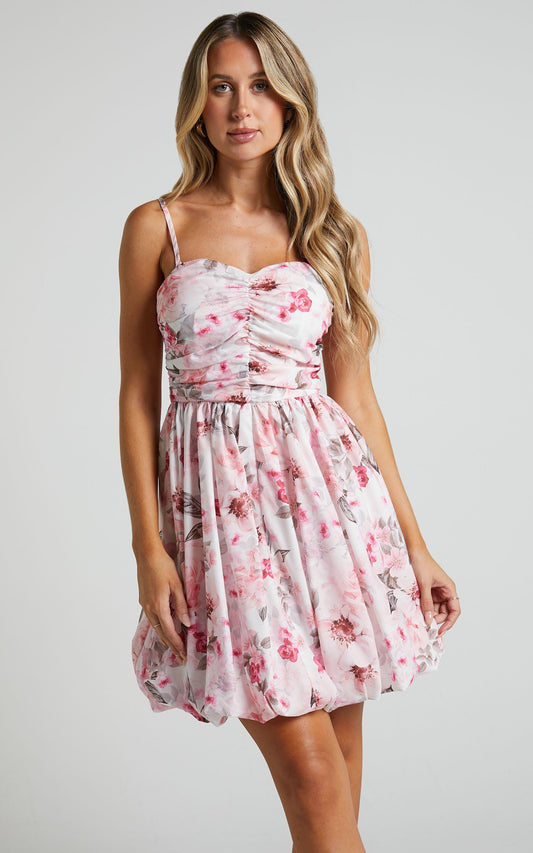 Uenice Mini Dress - Ruched Bodice Cupcake Dress in Bouquet Floral