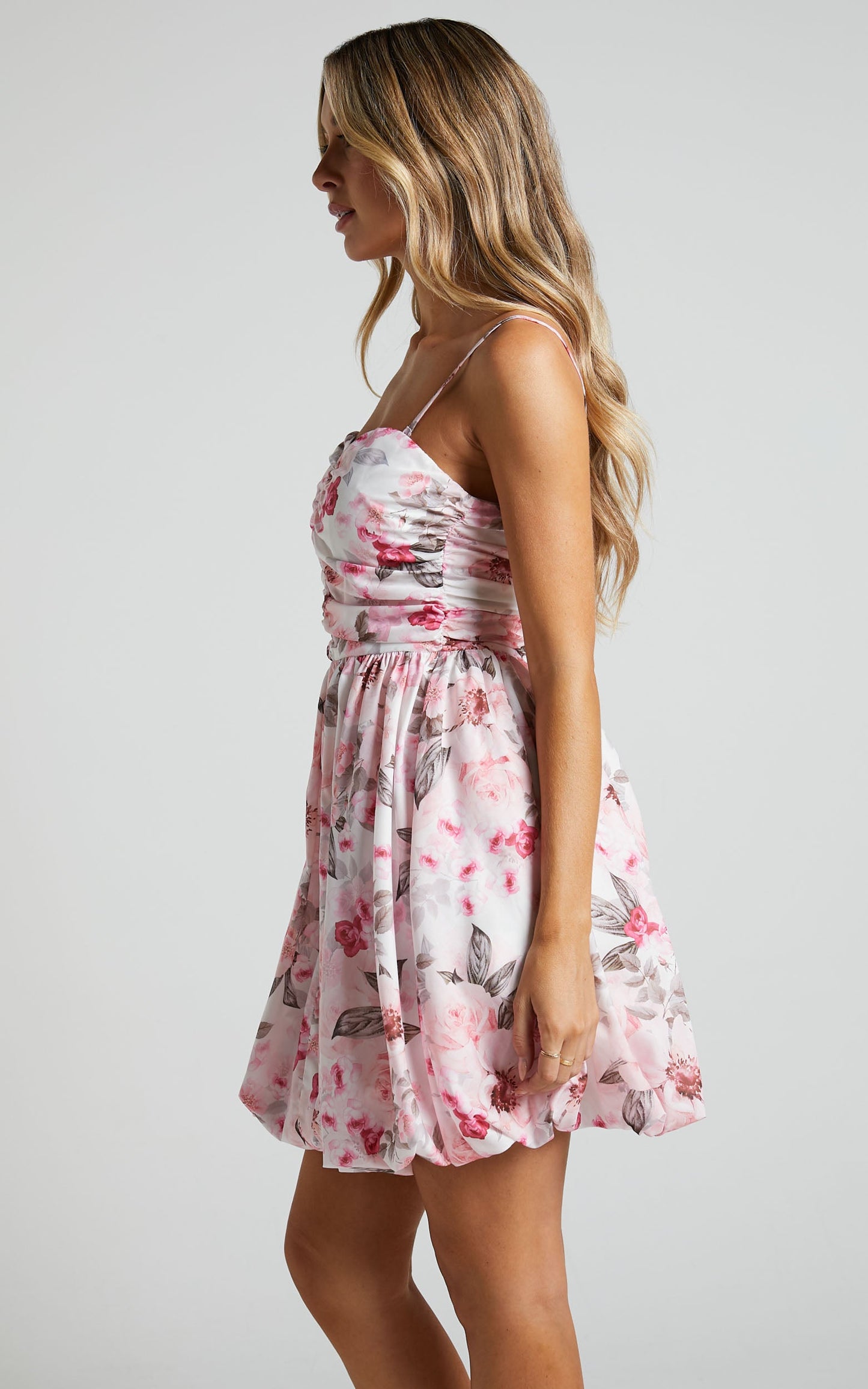 Uenice Mini Dress - Ruched Bodice Cupcake Dress in Bouquet Floral