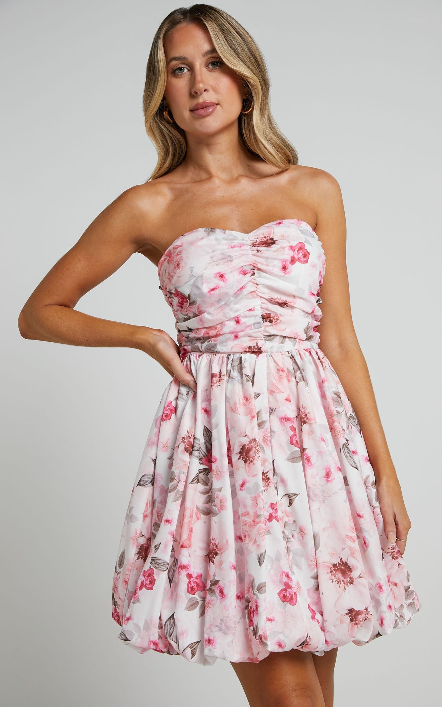 Uenice Mini Dress - Ruched Bodice Cupcake Dress in Bouquet Floral