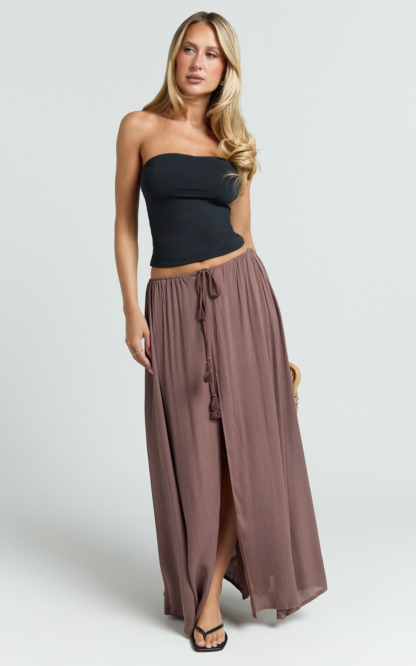 Under The Twilight Maxi Skirt - Thigh Split Skirt in Taupe