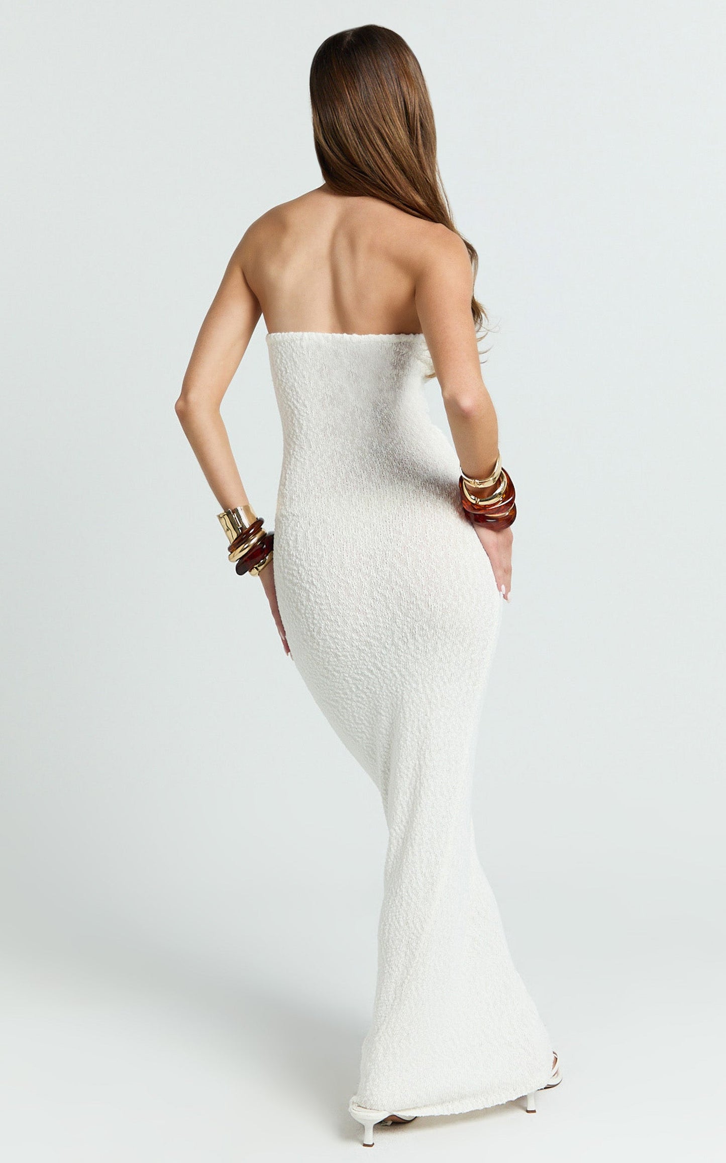 Ursula Maxi Dress - Strapless Tie Waist Boucle Knit Dress in Off White
