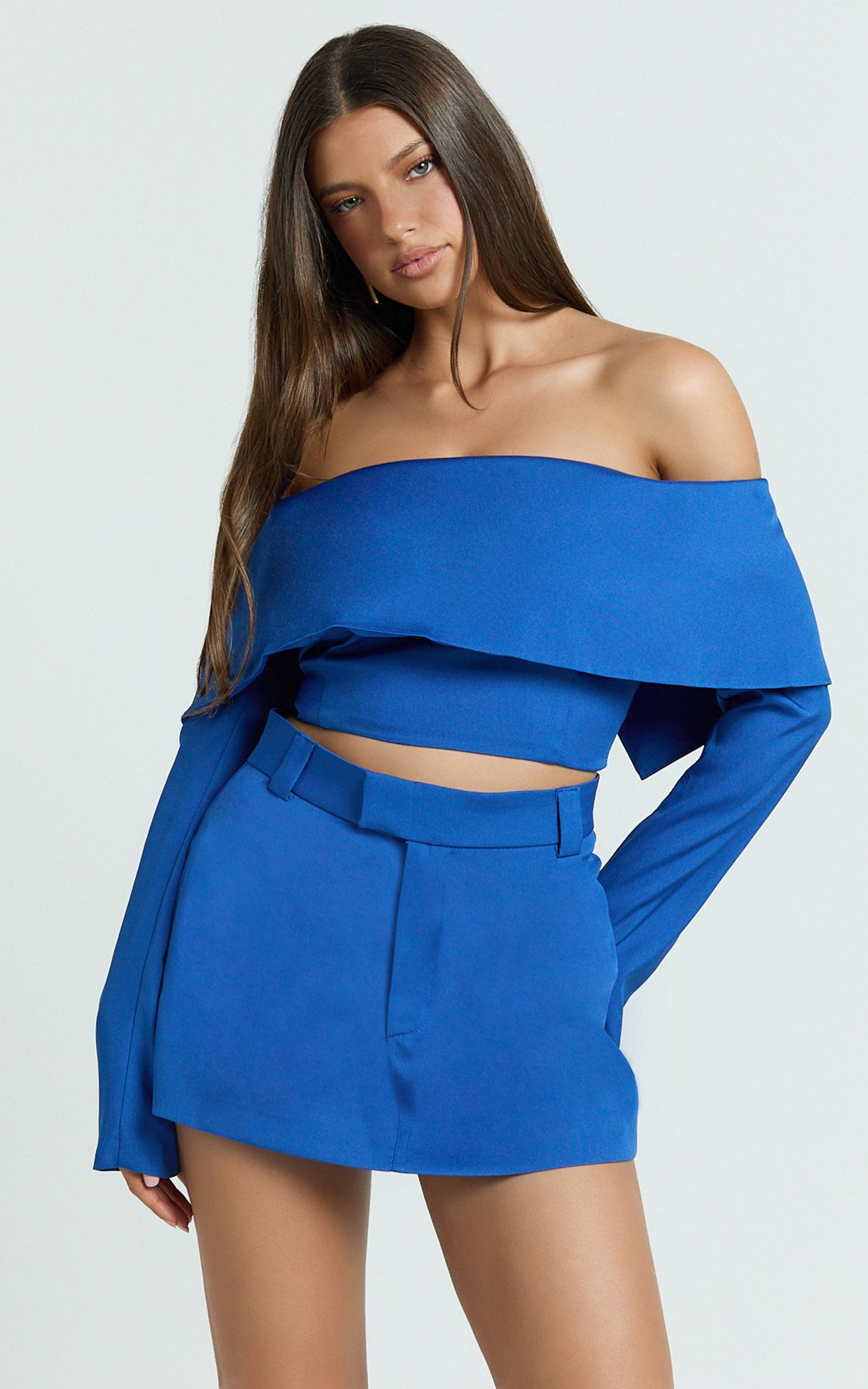 Ursula Top - Long Sleeve Off Shoulder Cropped Top in Cobalt