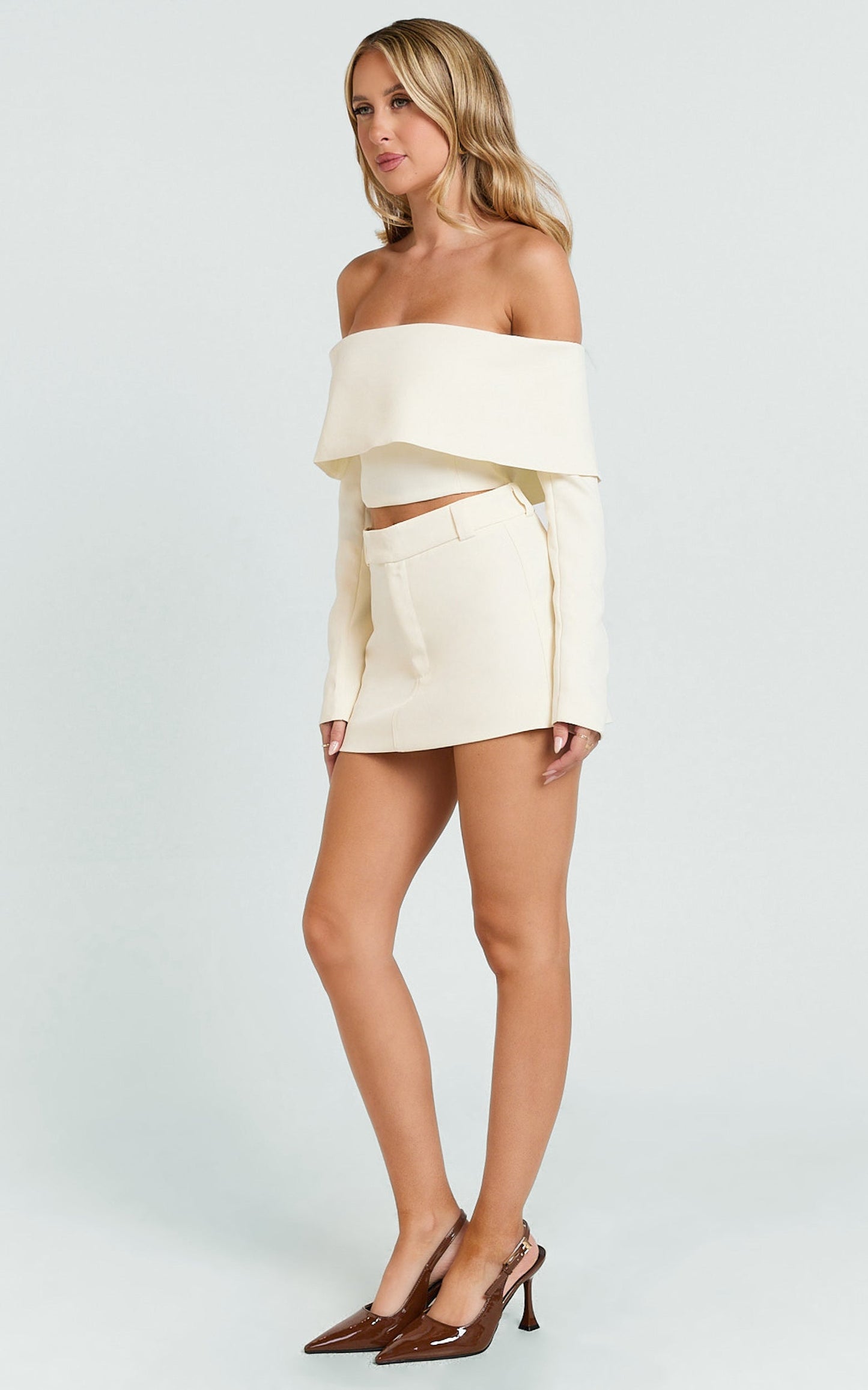 Ursula Top - Long Sleeve Off Shoulder Cropped Top in Cream