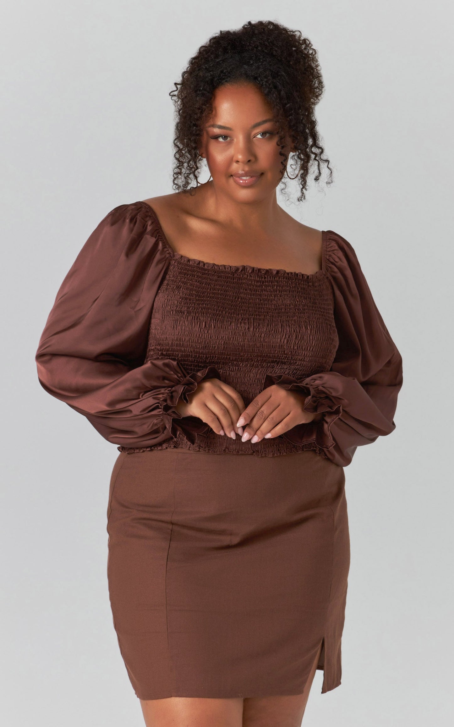 Vira Top - Shirred Top in Chocolate Satin