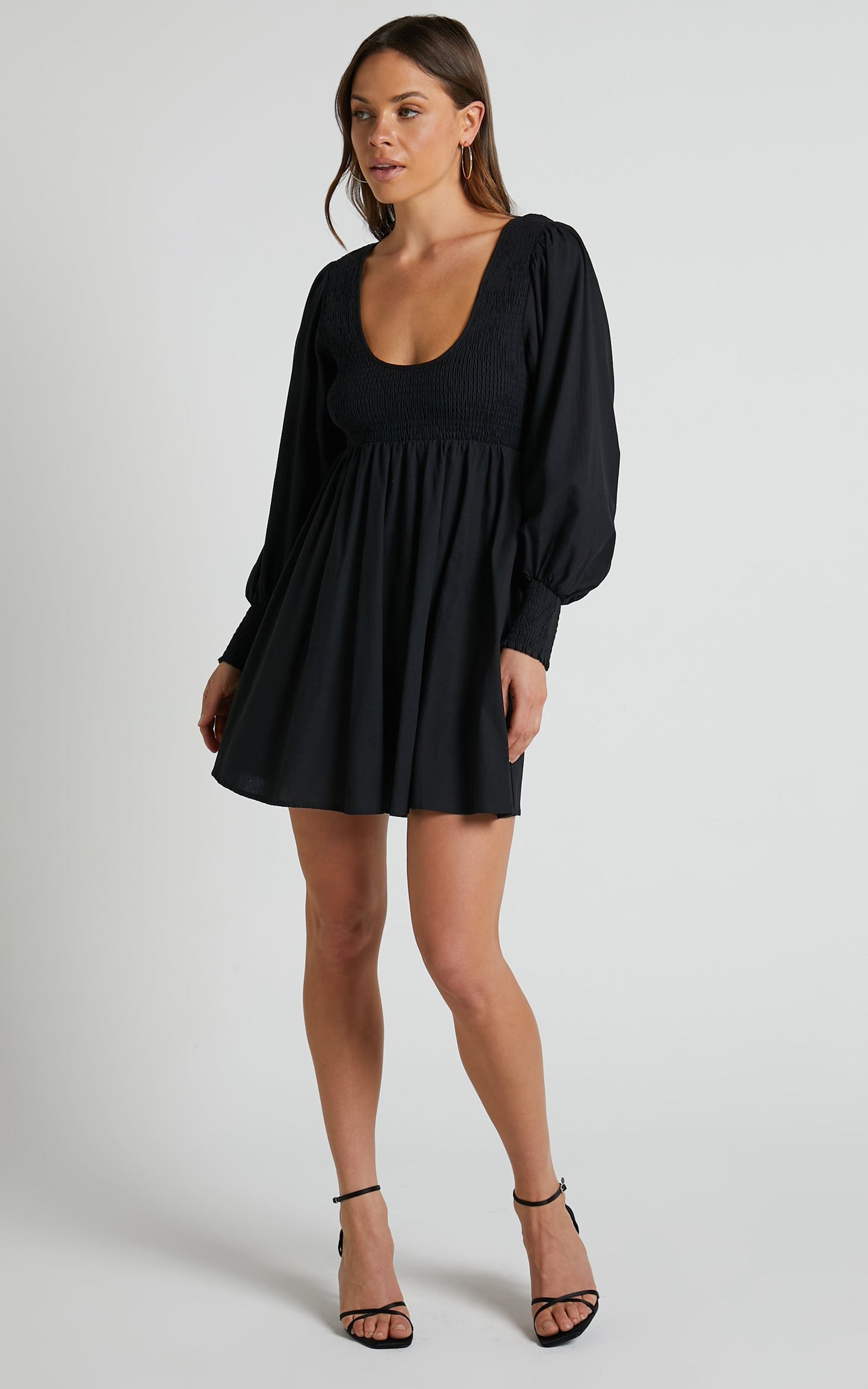 Valena Mini Linen Blend Dress - Shirred Scoop Neck Longsleeve A Line Dress in Black