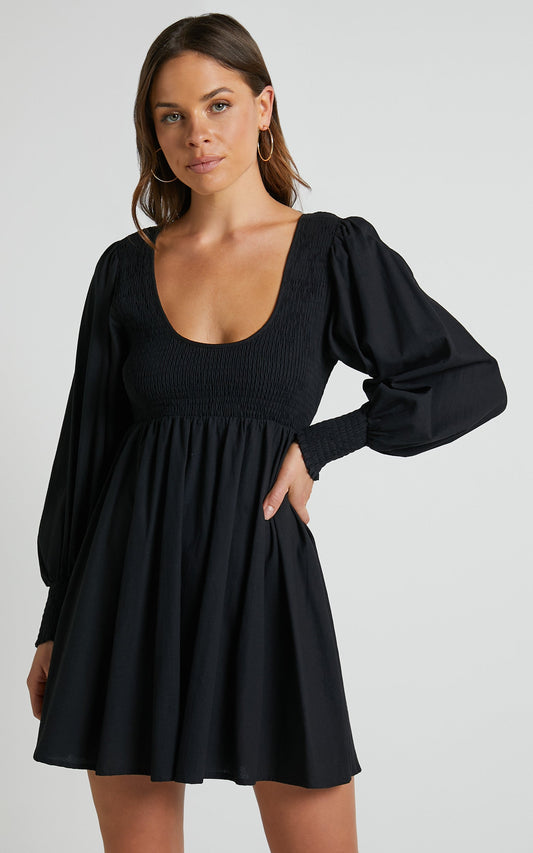 Valena Mini Linen Blend Dress - Shirred Scoop Neck Longsleeve A Line Dress in Black